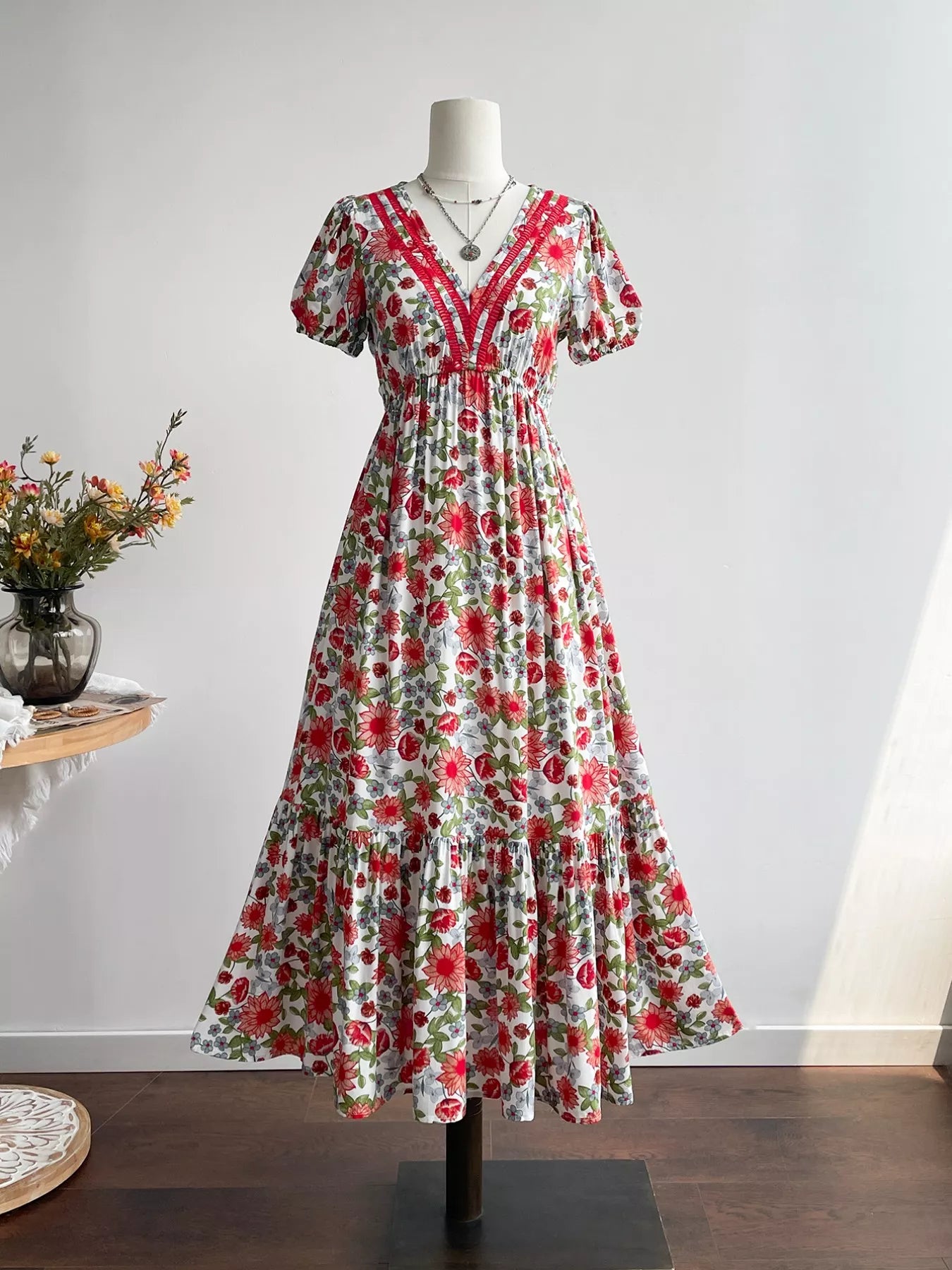 Hazel Blues® | Floral Print V-Neck Ruffle Hem Midi Dress