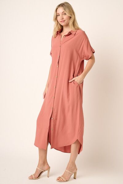 Hazel Blues® | Mittoshop Collared Neck Dolman Short Sleeve Midi Shirt Dress