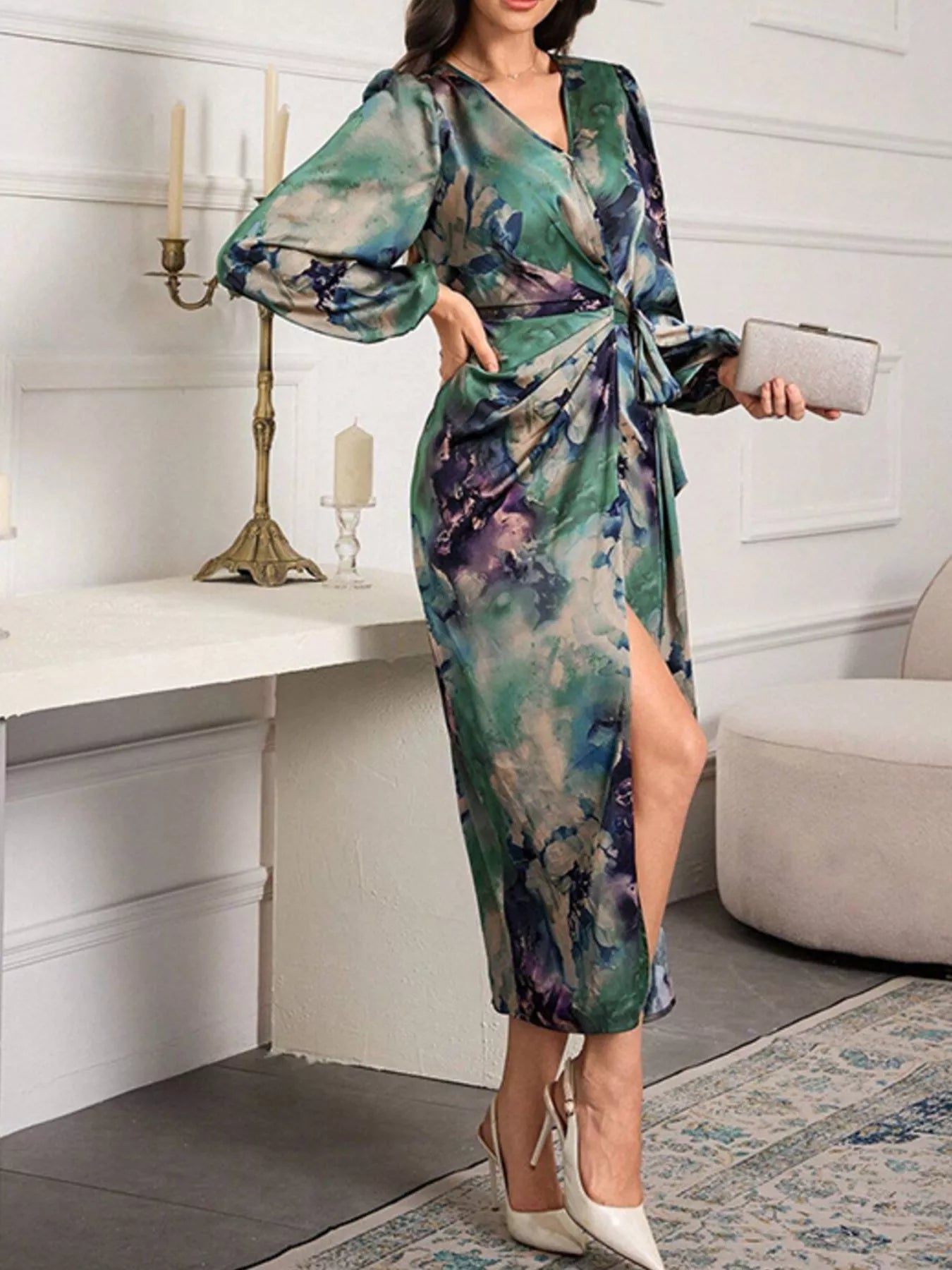 Hazel Blues® | Printed Tie Waist Balloon Sleeve Dress