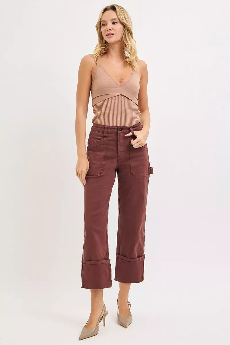 Hazel Blues® | RISEN High Rise Wide Straight Cuffed Patch Jeans