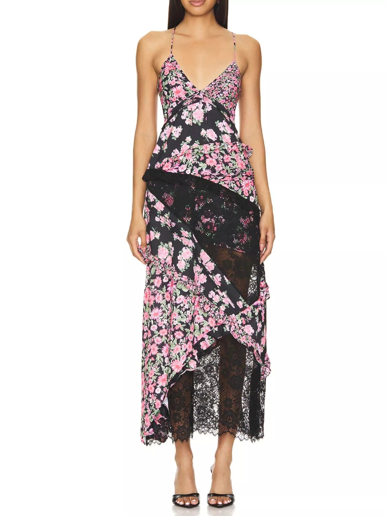 Hazel Blues® | Lace Floral Print Ruffle Trim Maxi Dress