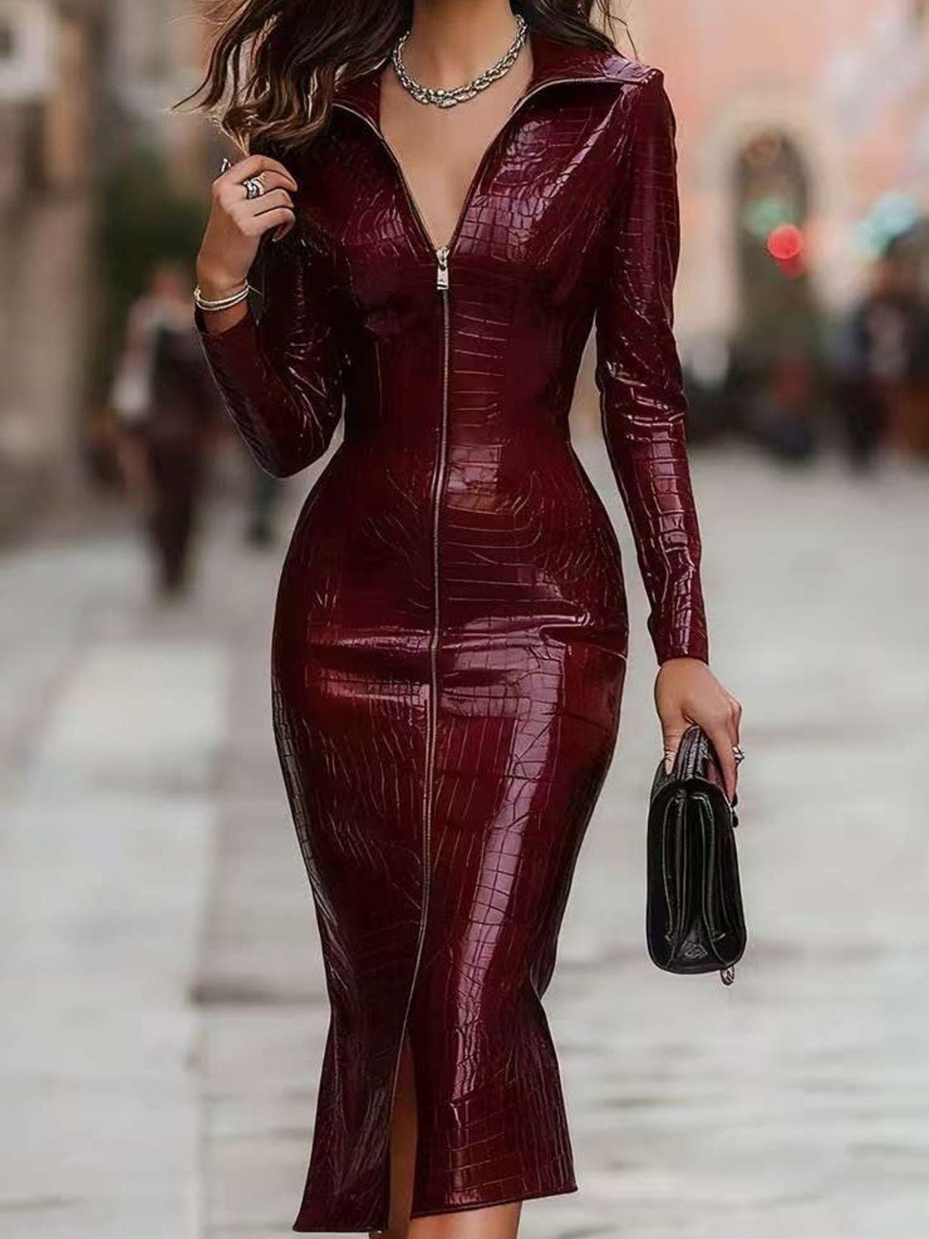 Hazel Blues® | Crocodile Embossed Zipper Front Bodycon Midi Dress