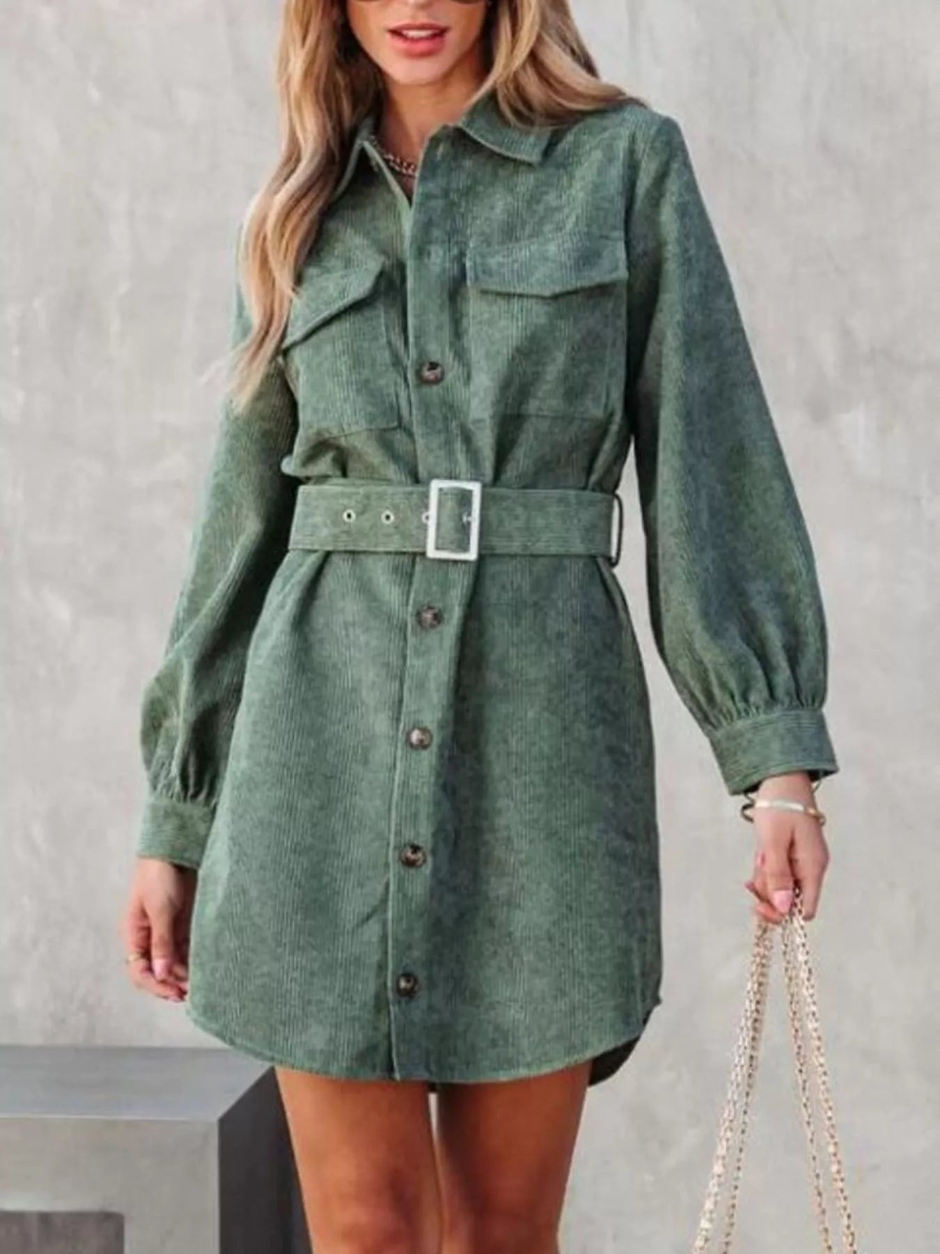 Hazel Blues® | Button Front Belt Long Sleeve Corduroy Dress