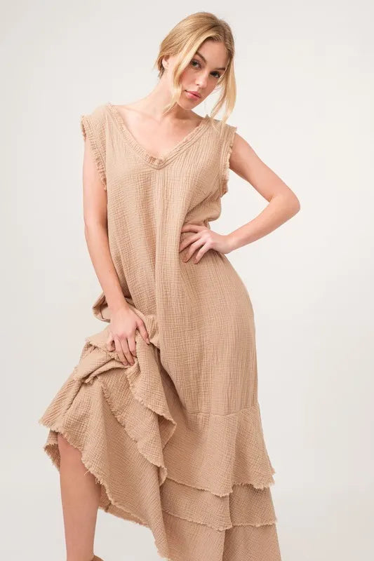 Hazel Blues® | And The Why Washed Cotton Gauze Fringe Detail Tiered Dress