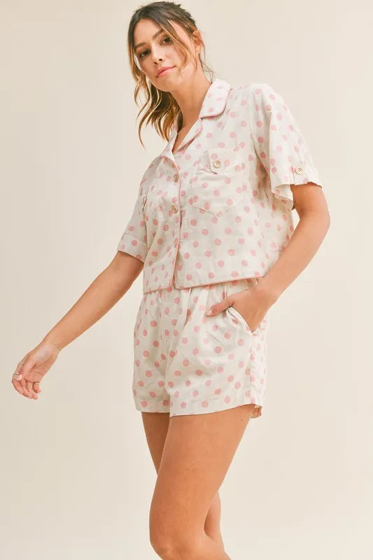 Hazel Blues® | MABLE Polka Dot Collar Crop Top and Short Lounge Set