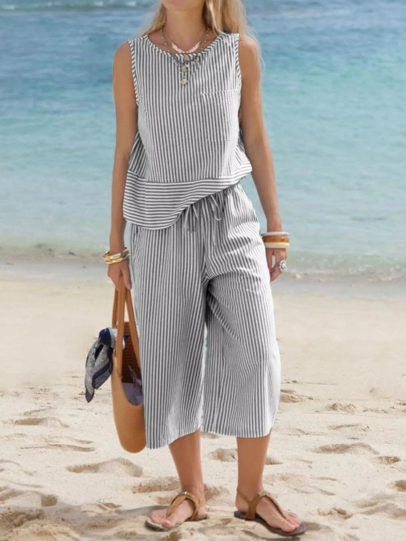 Hazel Blues® | Striped Sleeveless Top and Cropped Pants Set