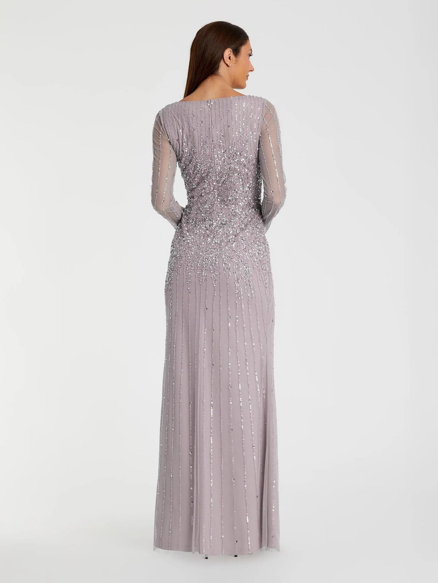 Purple Boat Neck Sequin Embellished Long Sleeve A Line Gown