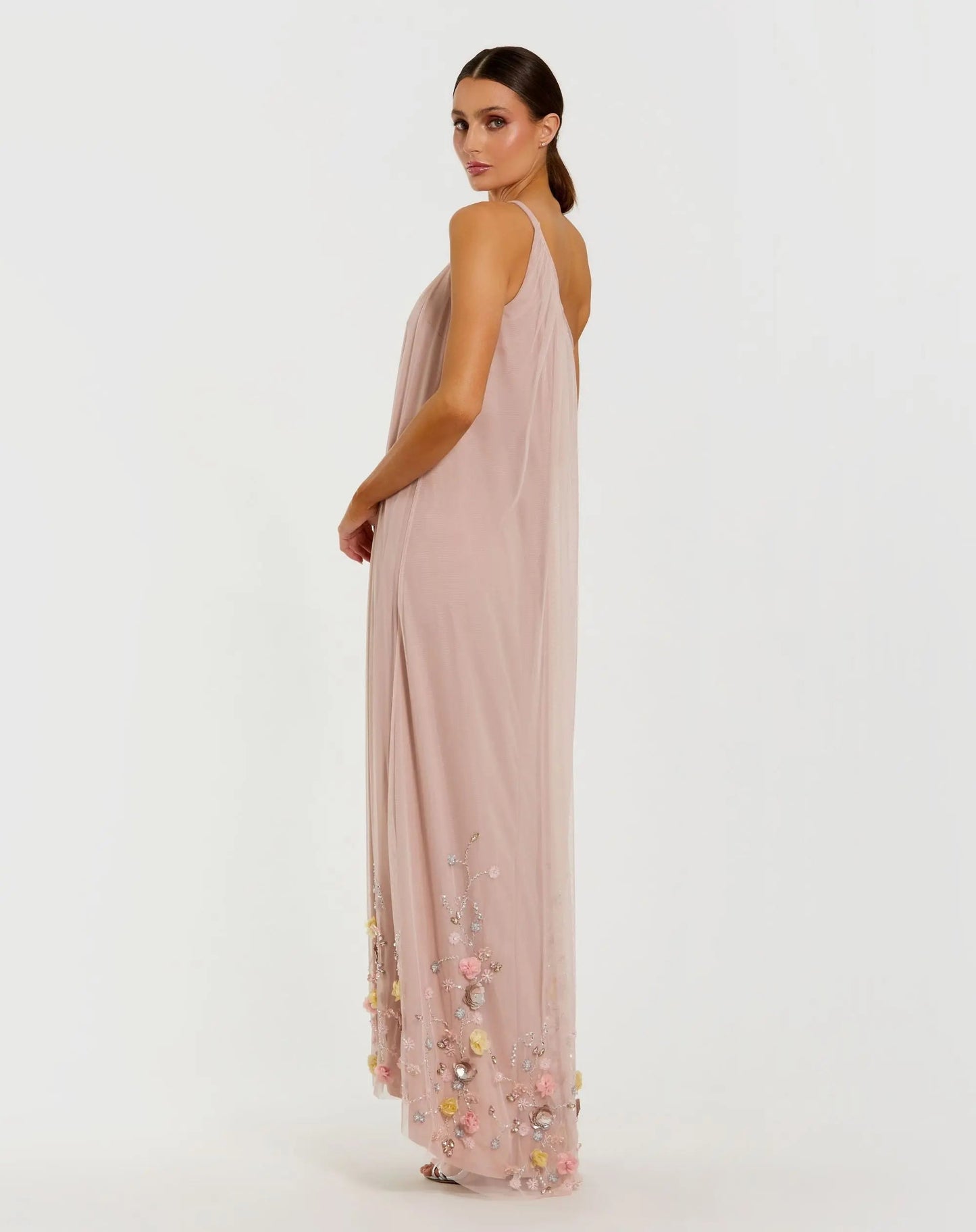 Pink One Shoulder Embellished Trapeze Gown