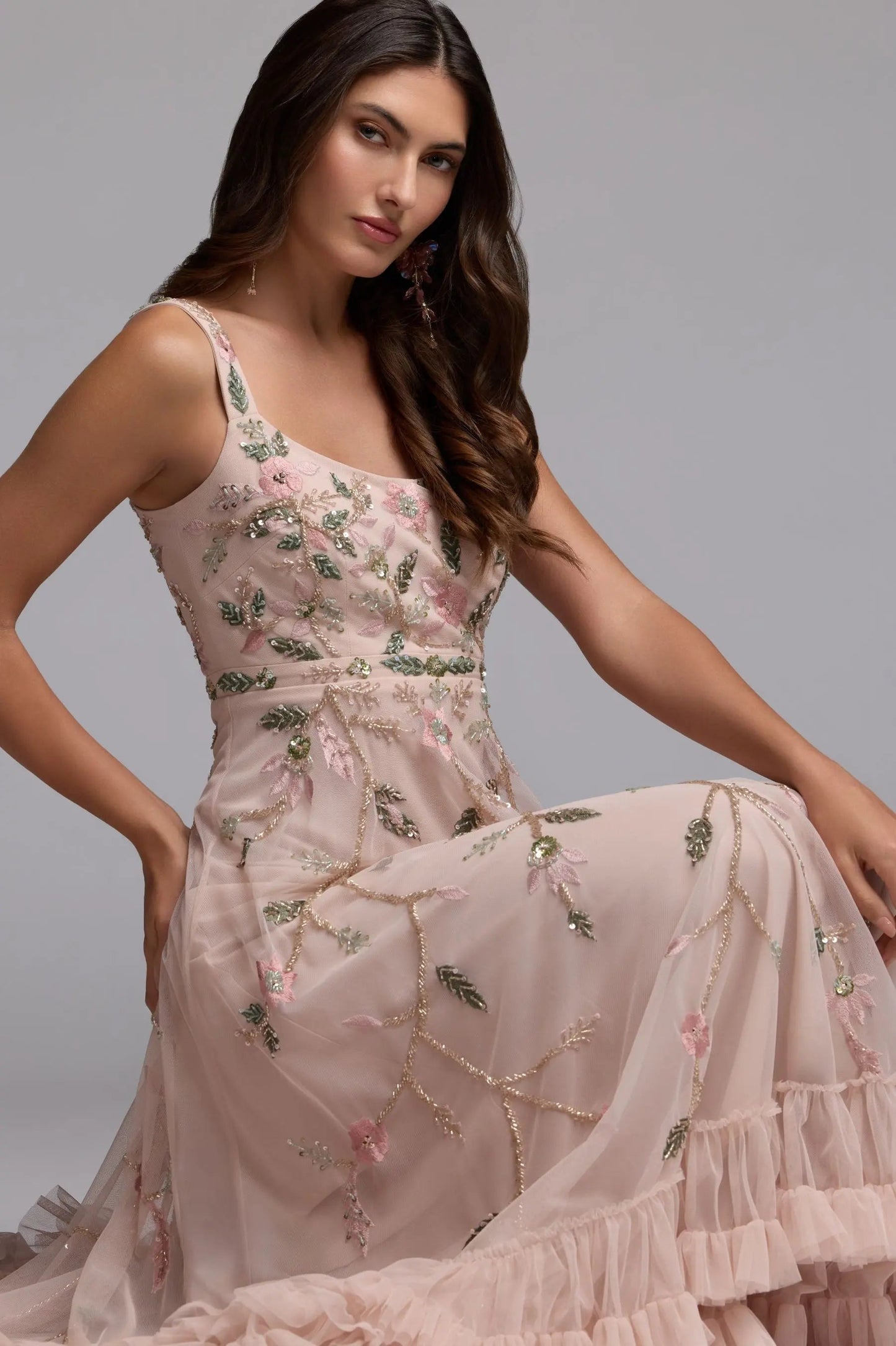 Pink Ruffle Midi Dress with Floral Embroidery
