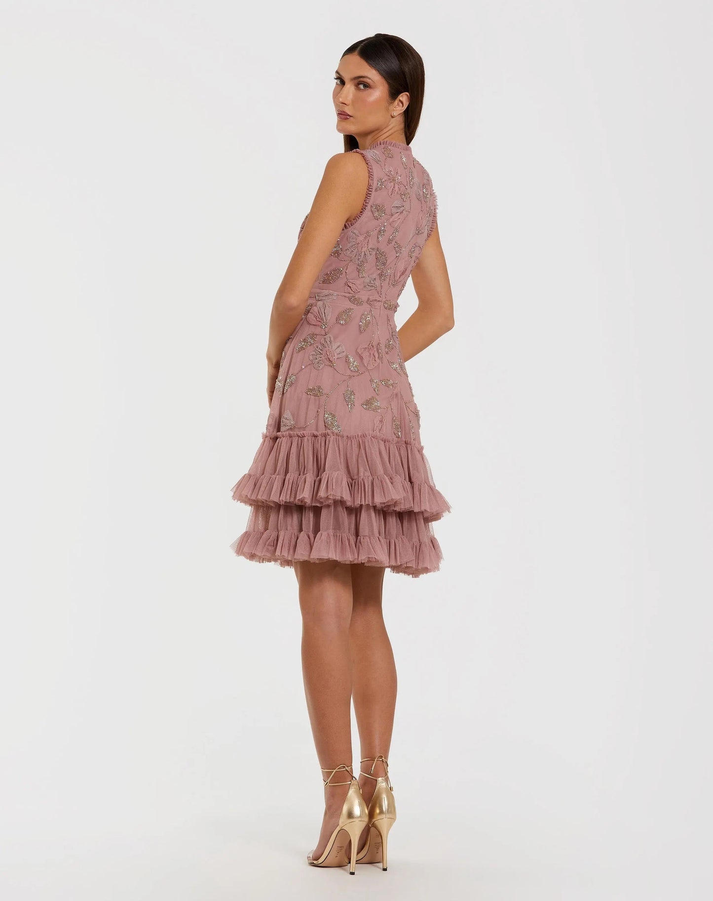 Pink High Neck Sleeveless Beaded Dress With Ruffled Hem