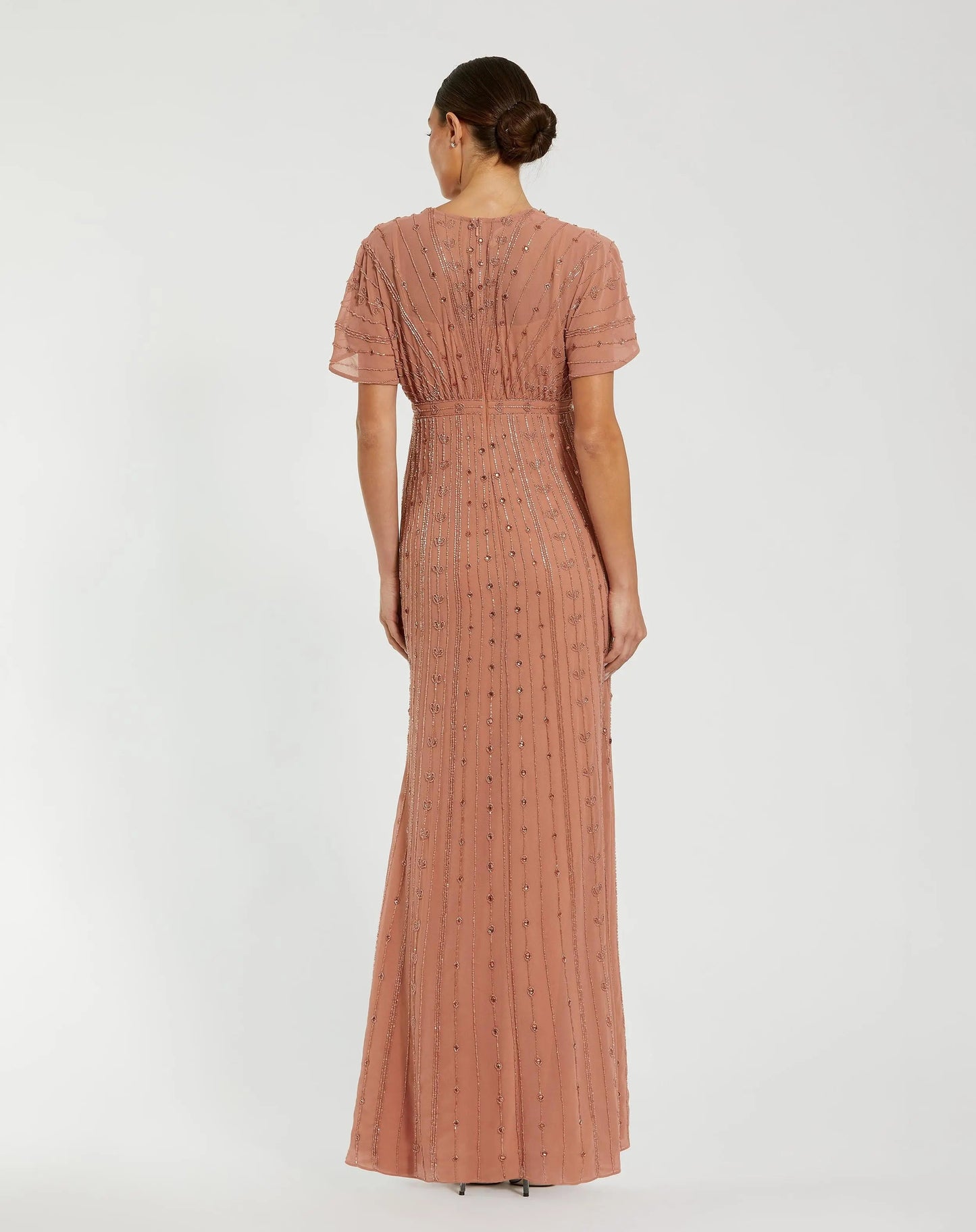 Pink Beaded Short Sleeve V-Neck Gown