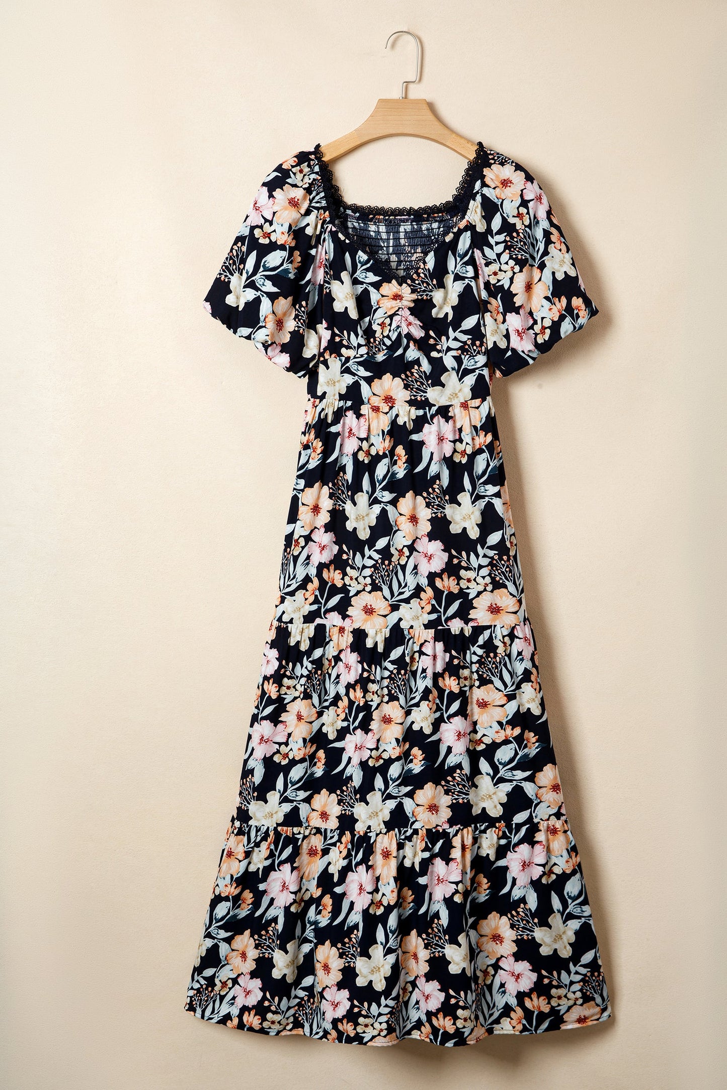 Hazel Blues® | Blue Short Sleeve Smocked Detail High Waist Floral Maxi Dress