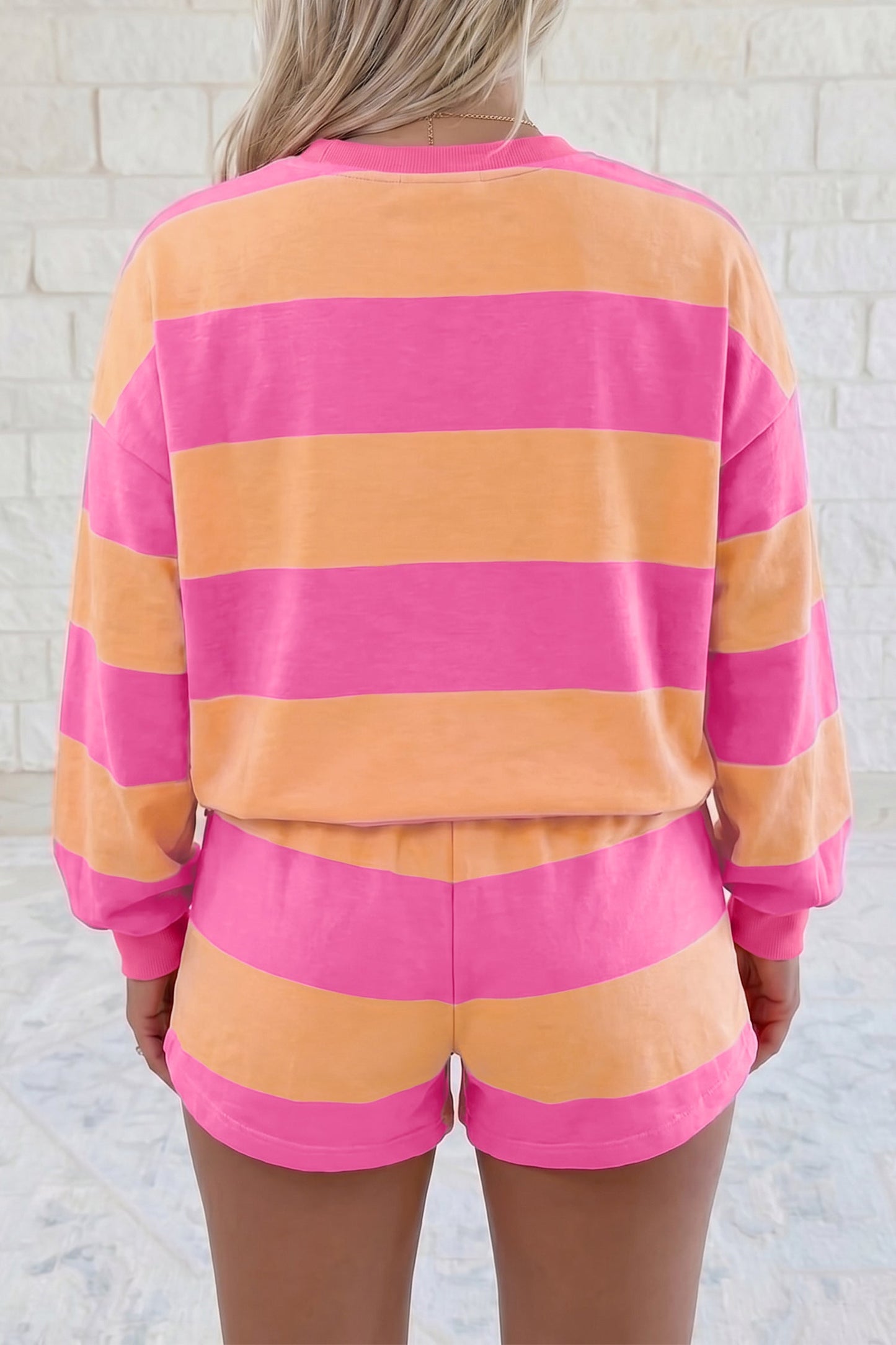 Hazel Blues® | Pink Stripe Long Sleeve Casual Top Drawstring Shorts 2pcs Set