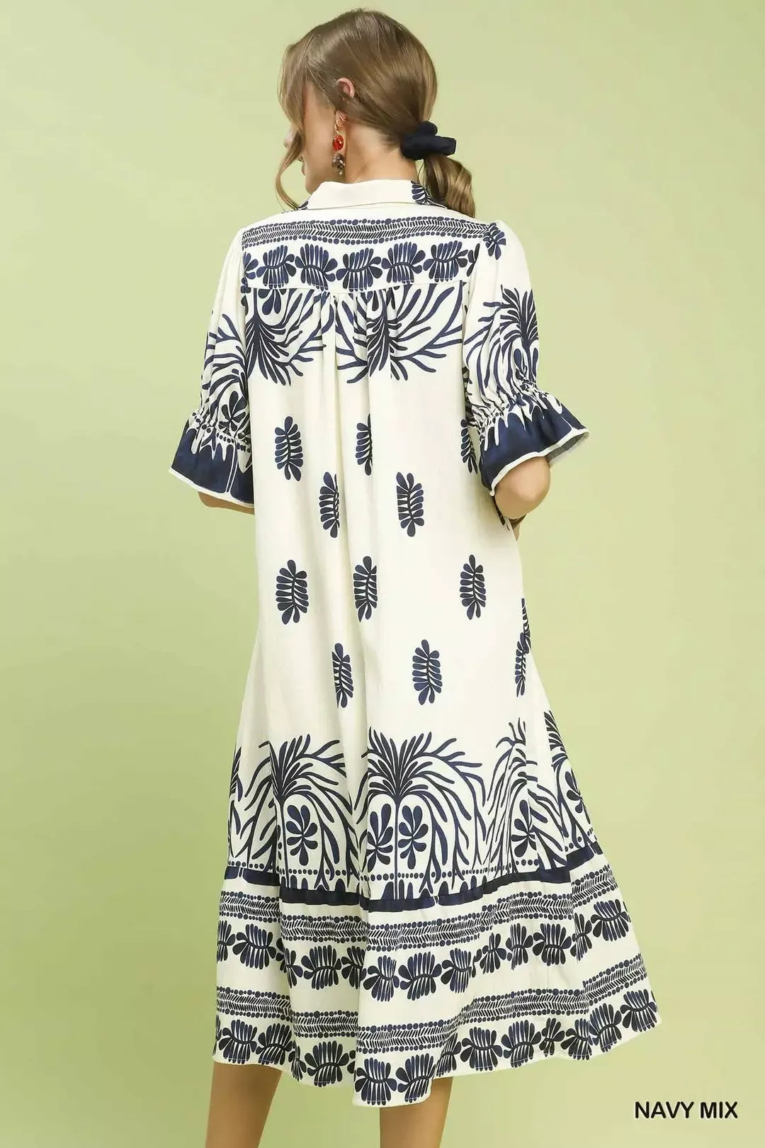 Hazel Blues® | Umgee Border Print Midi Dress with Puff Sleeves