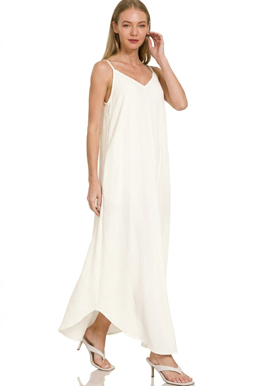 Hazel Blues® | Zenana Woven Crinkle Cami Maxi Dress with Side Pockets