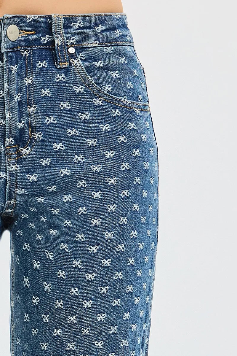 Hazel Blues® | RISEN High Rise Wide Leg Bow Embroidered Jeans