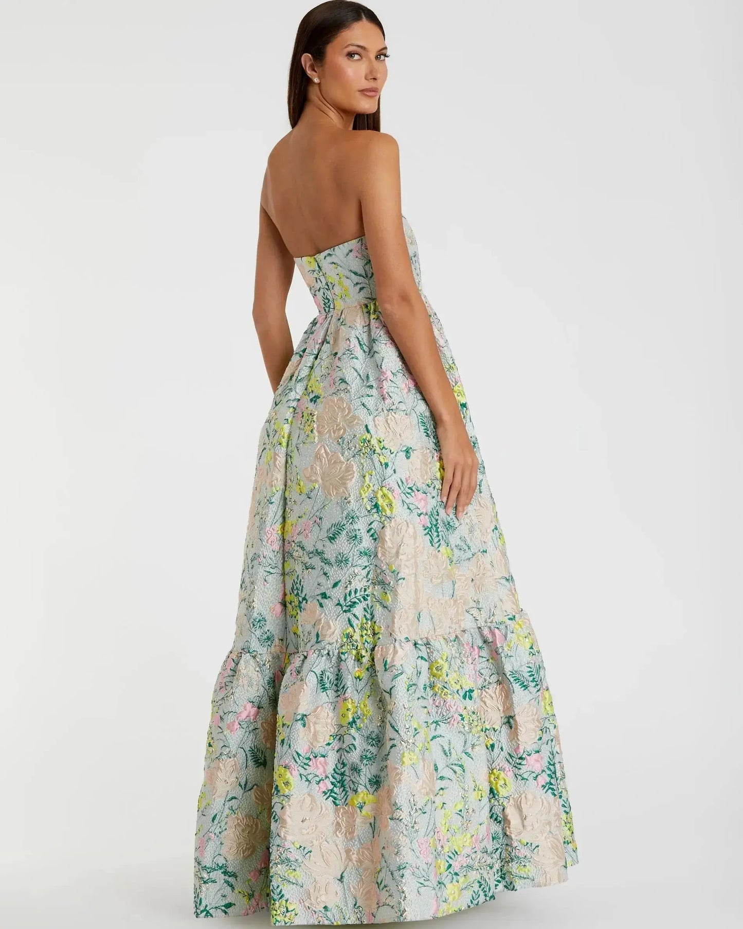 Petite Multicolor Strapless Floral Brocade A-Line Gown