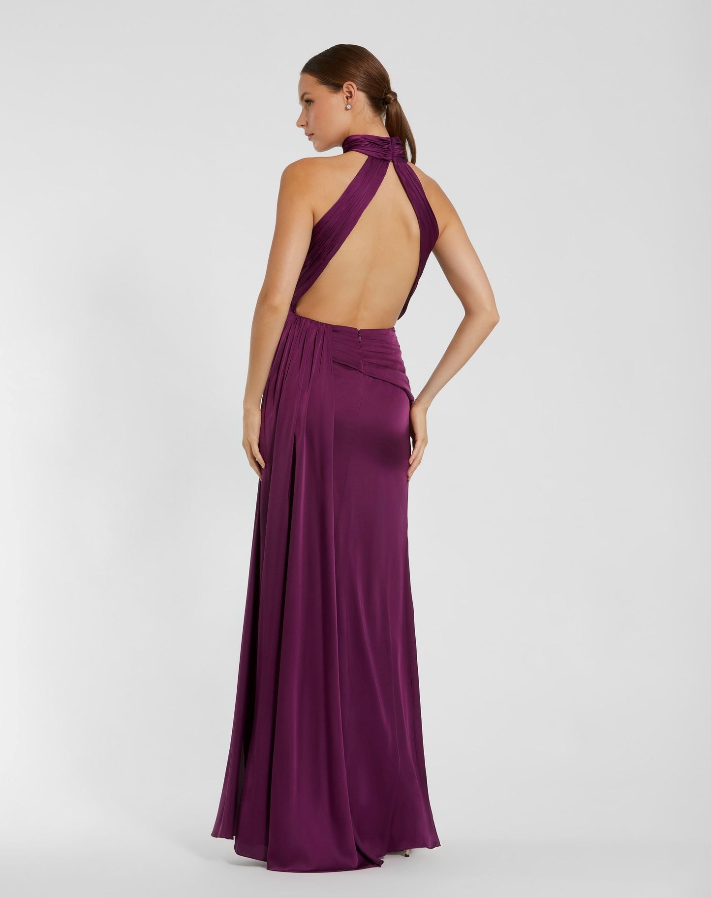 Petite Purple Sleeveless Open Back Satin Gown