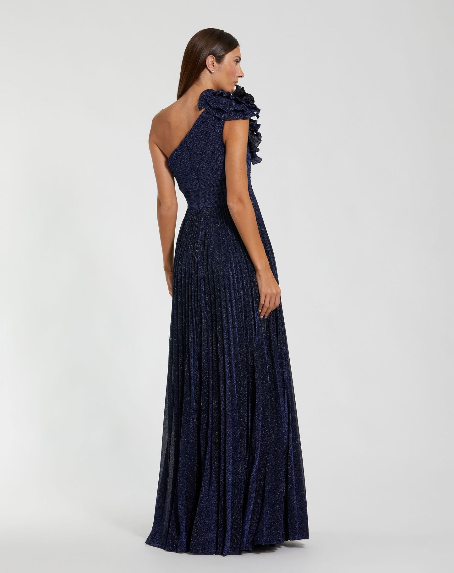 Petite Navy Pleated One Shoulder Ruffle Gown