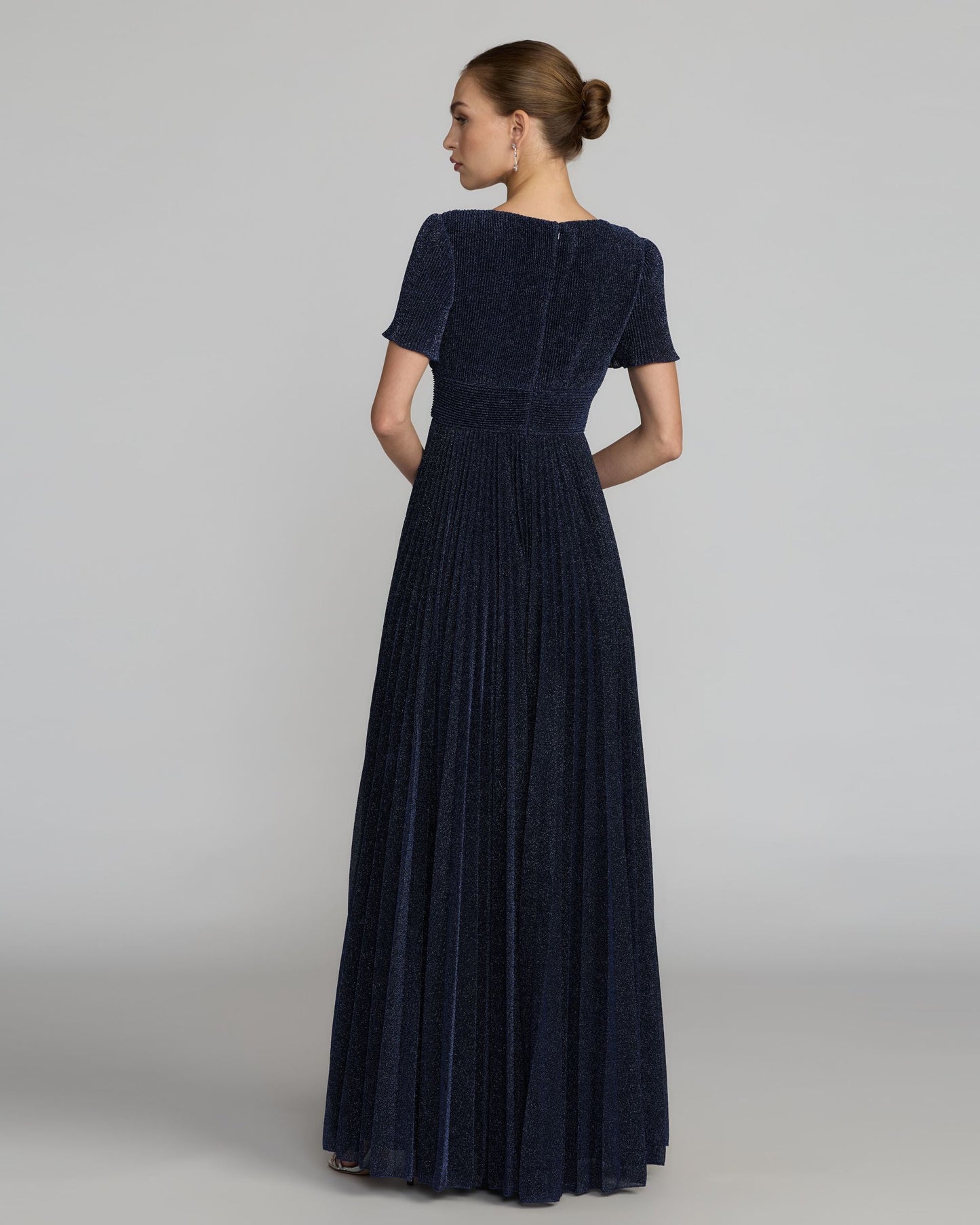 Petite Navy Pleated Metallic Flutter Sleeve A Line Gown