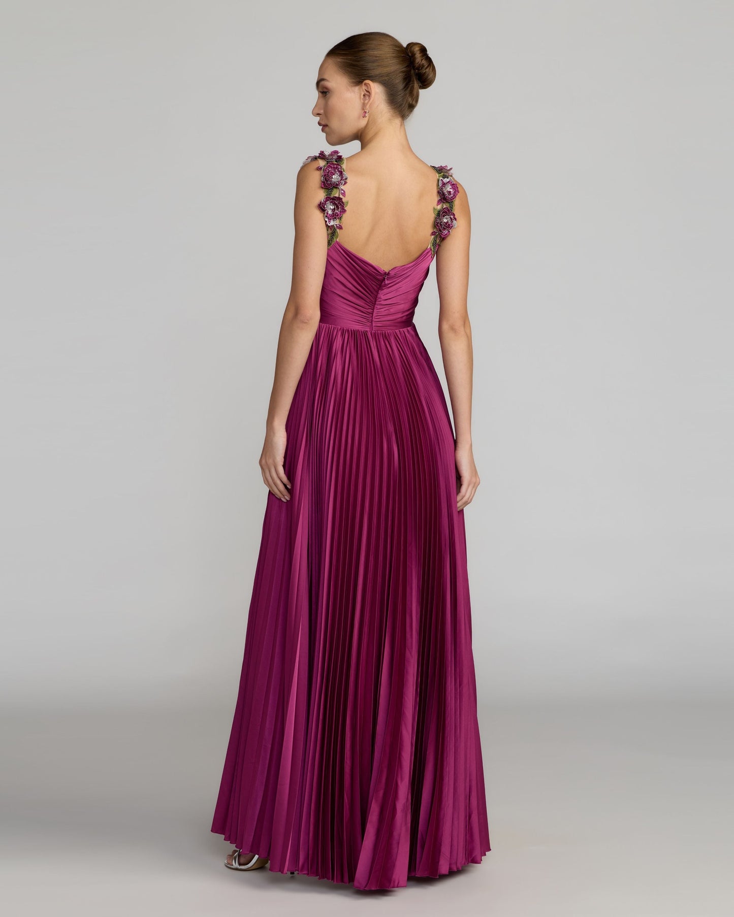 Petite Purple Pleated High Low Gown With 3D Floral Straps
