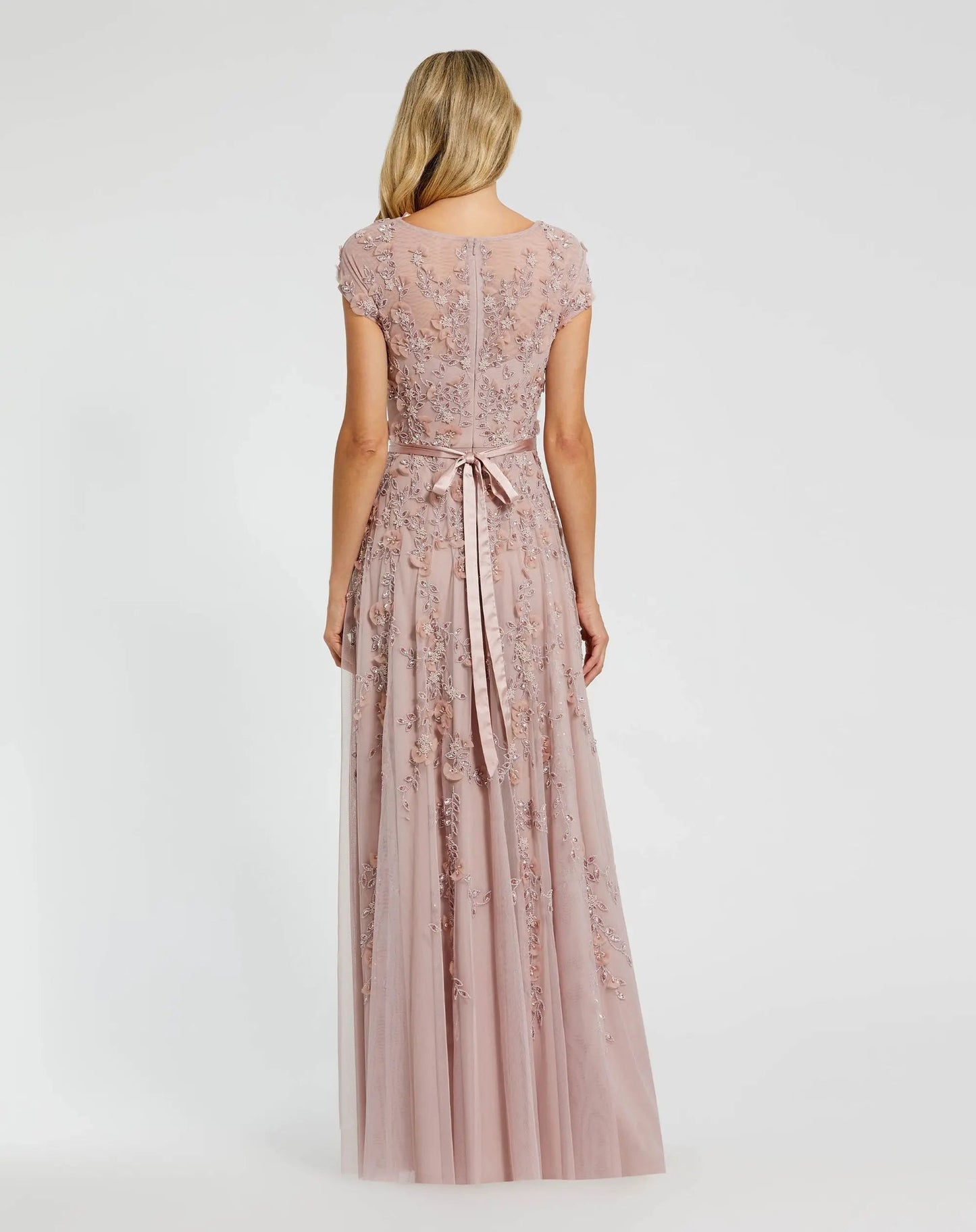 Petite Pink Floral Embellished Cap Sleeve Gown