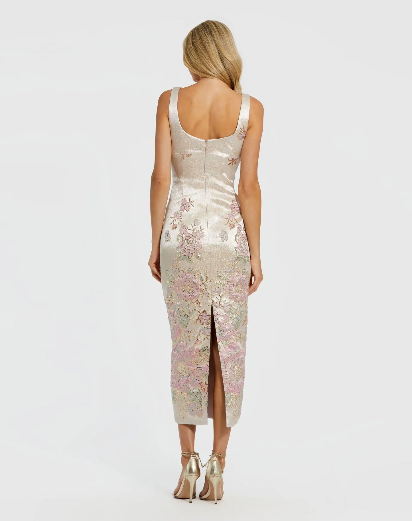 Petite Slim Strap Scoop Neck Bustier Brocade Midi Dress