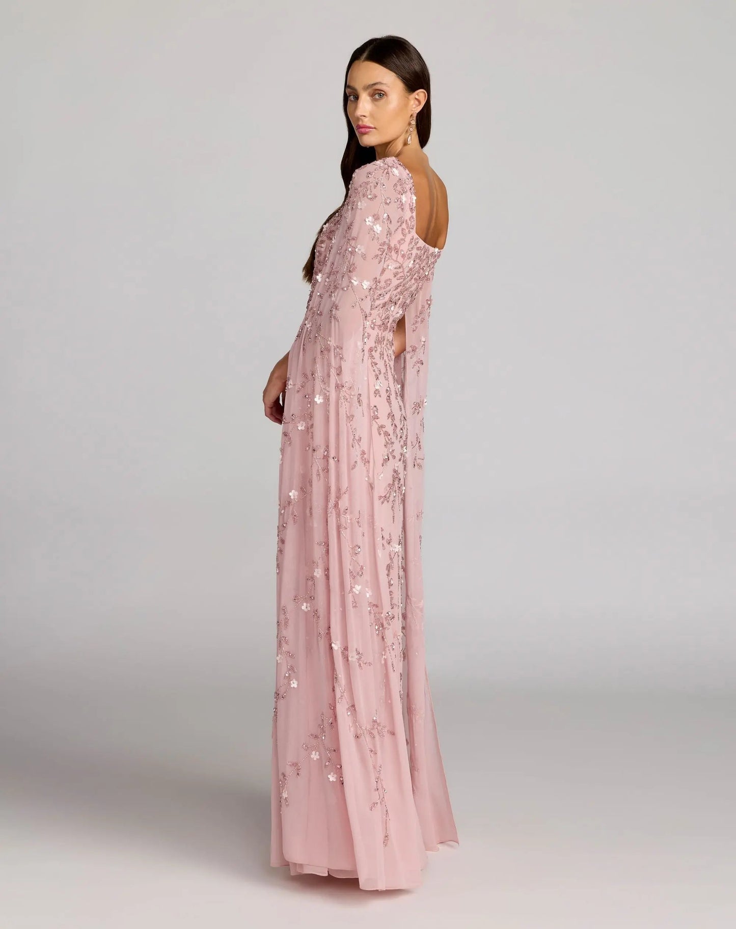 Petite Pink Beaded Square Neck Cape Sleeve Gown