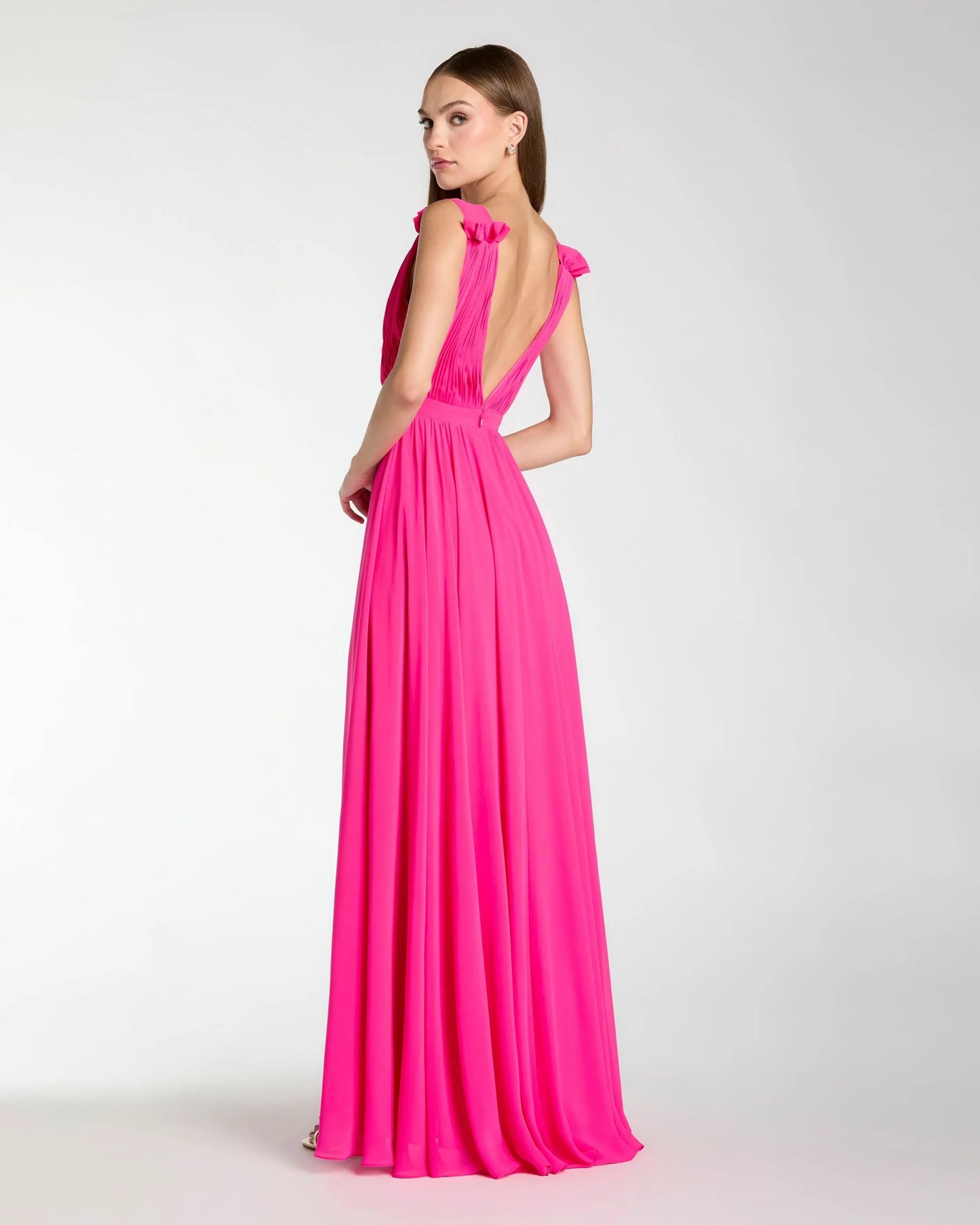 Petite Pink Sleeveless Pleated Chiffon V-Neck Gown