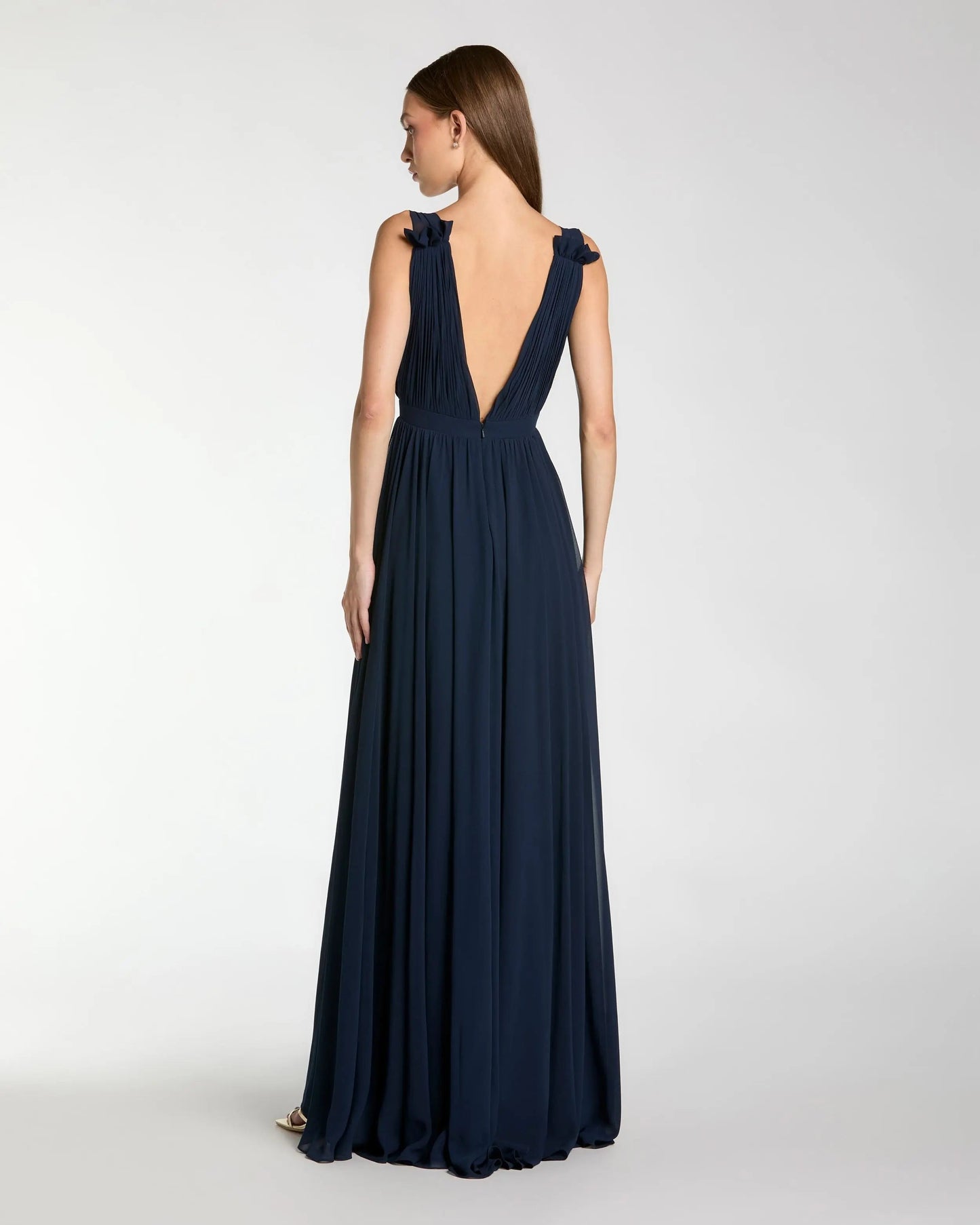 Petite Navy Pleated Chiffon Sleeveless V-Neck Gown