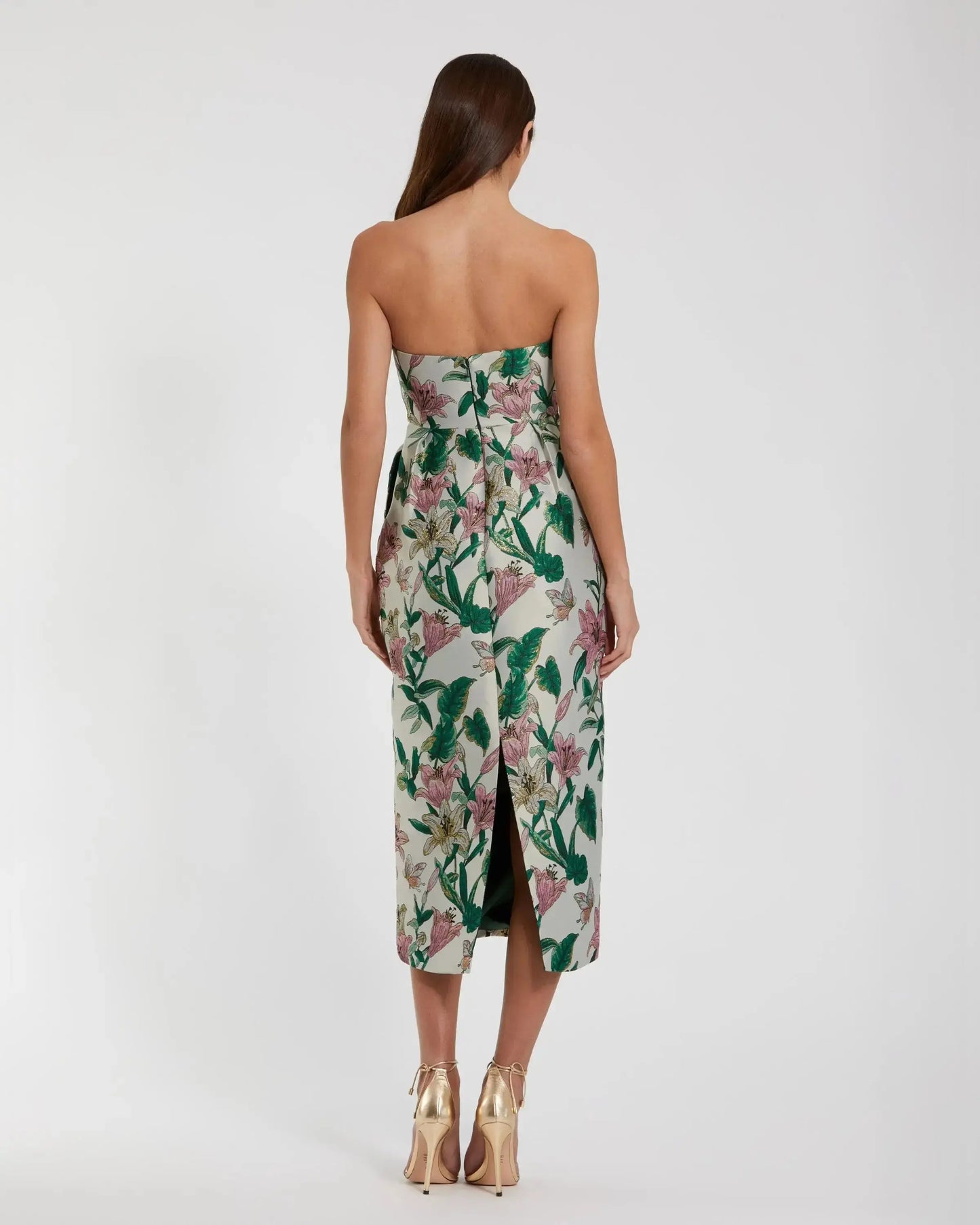 Petite Multicolor Floral Brocade Strapless Fitted Midi Dress