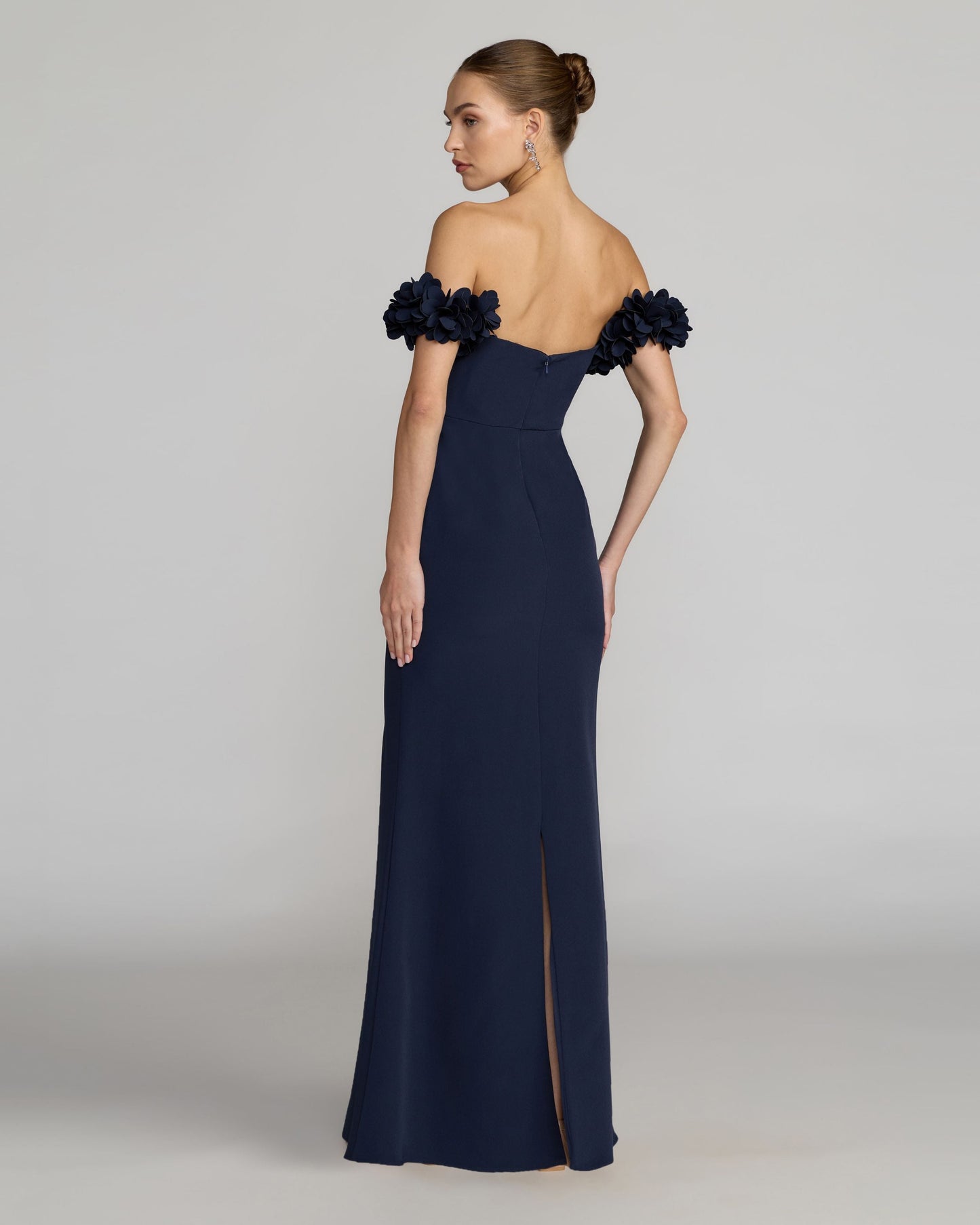 Petite Navy Crepe Off The Shoulder Gown With 3D Flowers