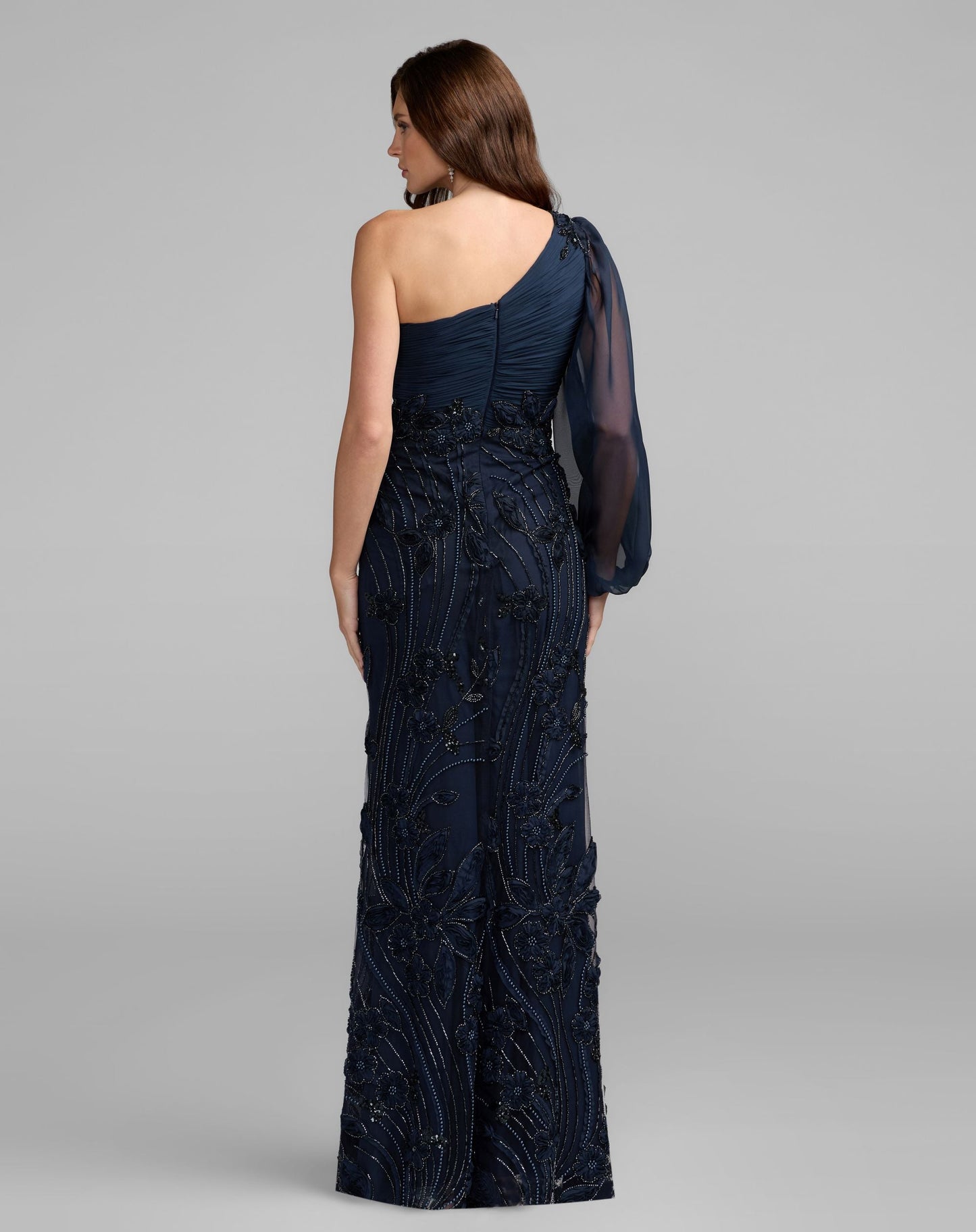 Petite Navy One Sleeve Chiffon Embellished Gown