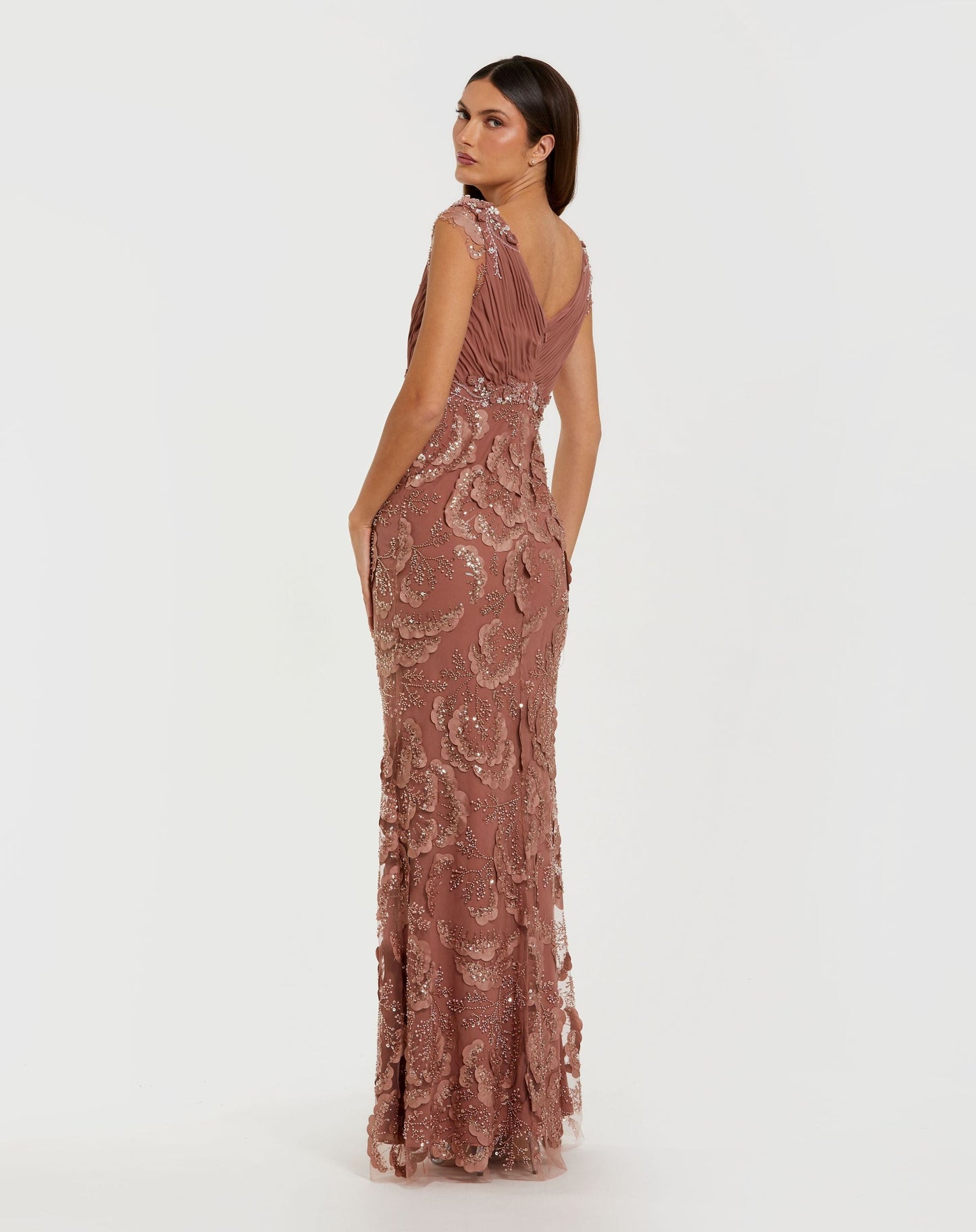 Petite Pink Floral Beaded Chiffon V-Neck Evening Gown