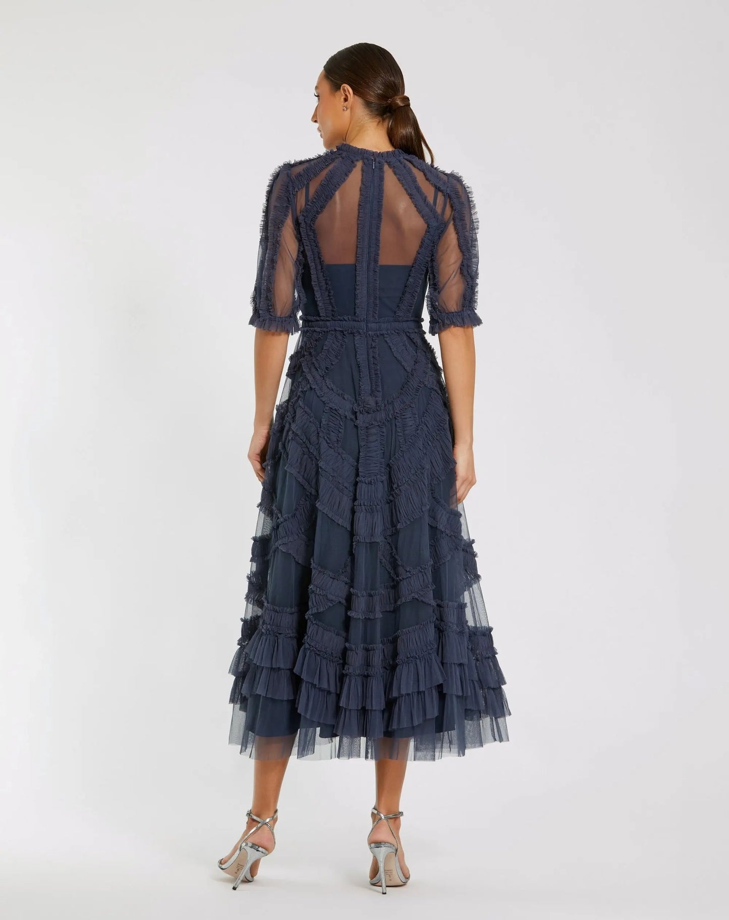 Petite Navy High Neck Ruffle Tiered A-Line Midi Dress