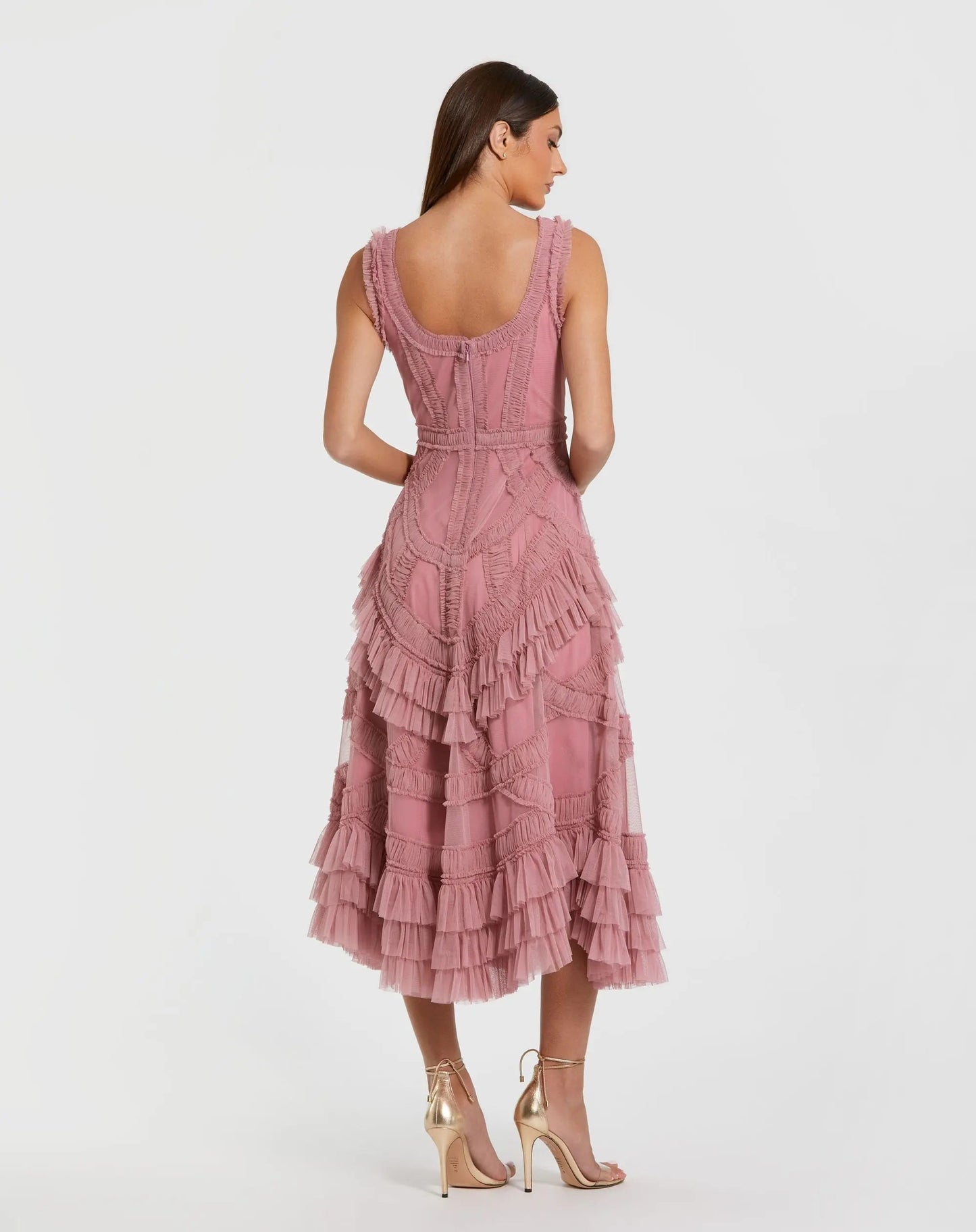 Petite Pink Scoop Neck Sleeveless Micro Ruffle Midi Dress