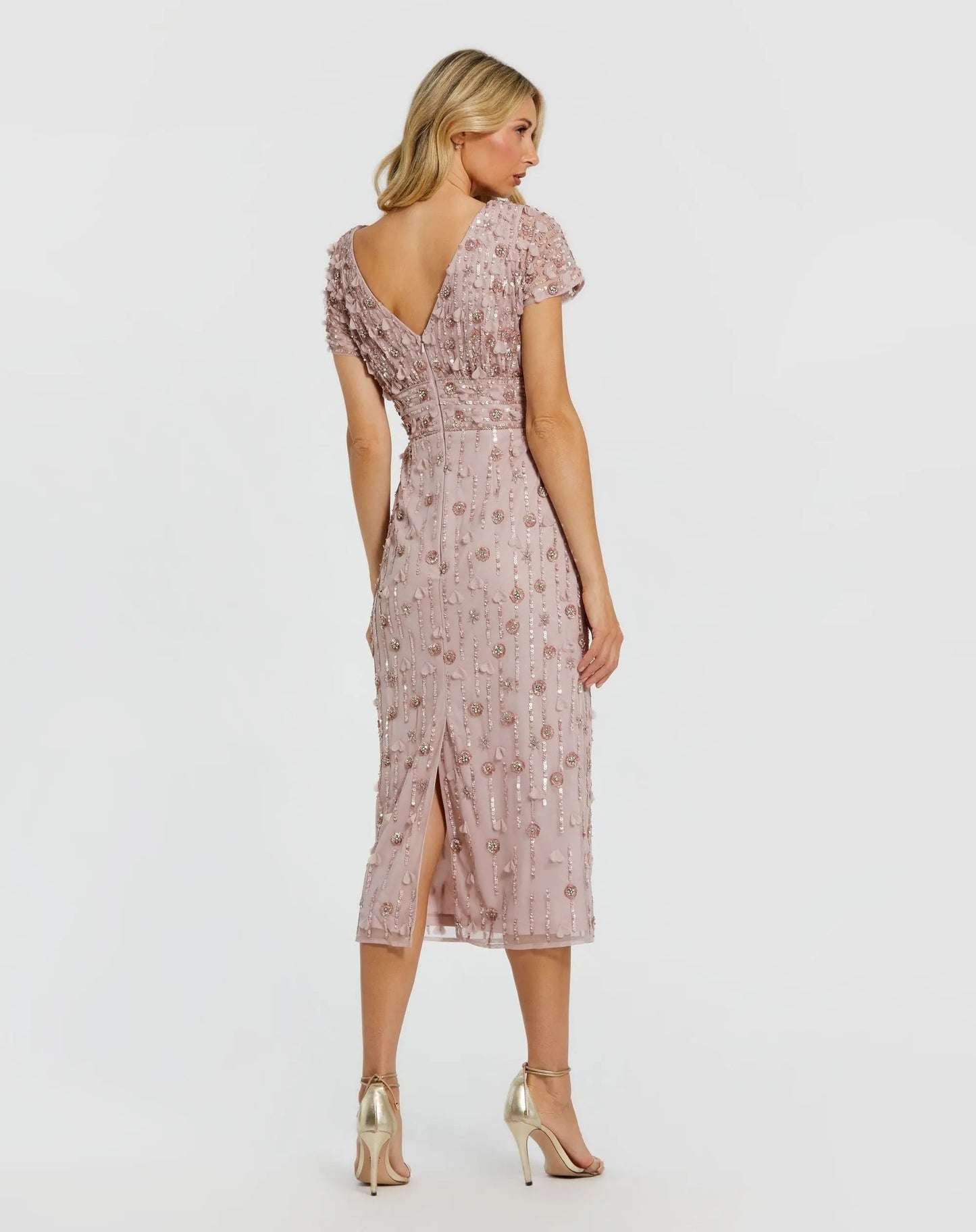 Petite Pink Cap Sleeve Sheath Midi Dress With Floral Beading