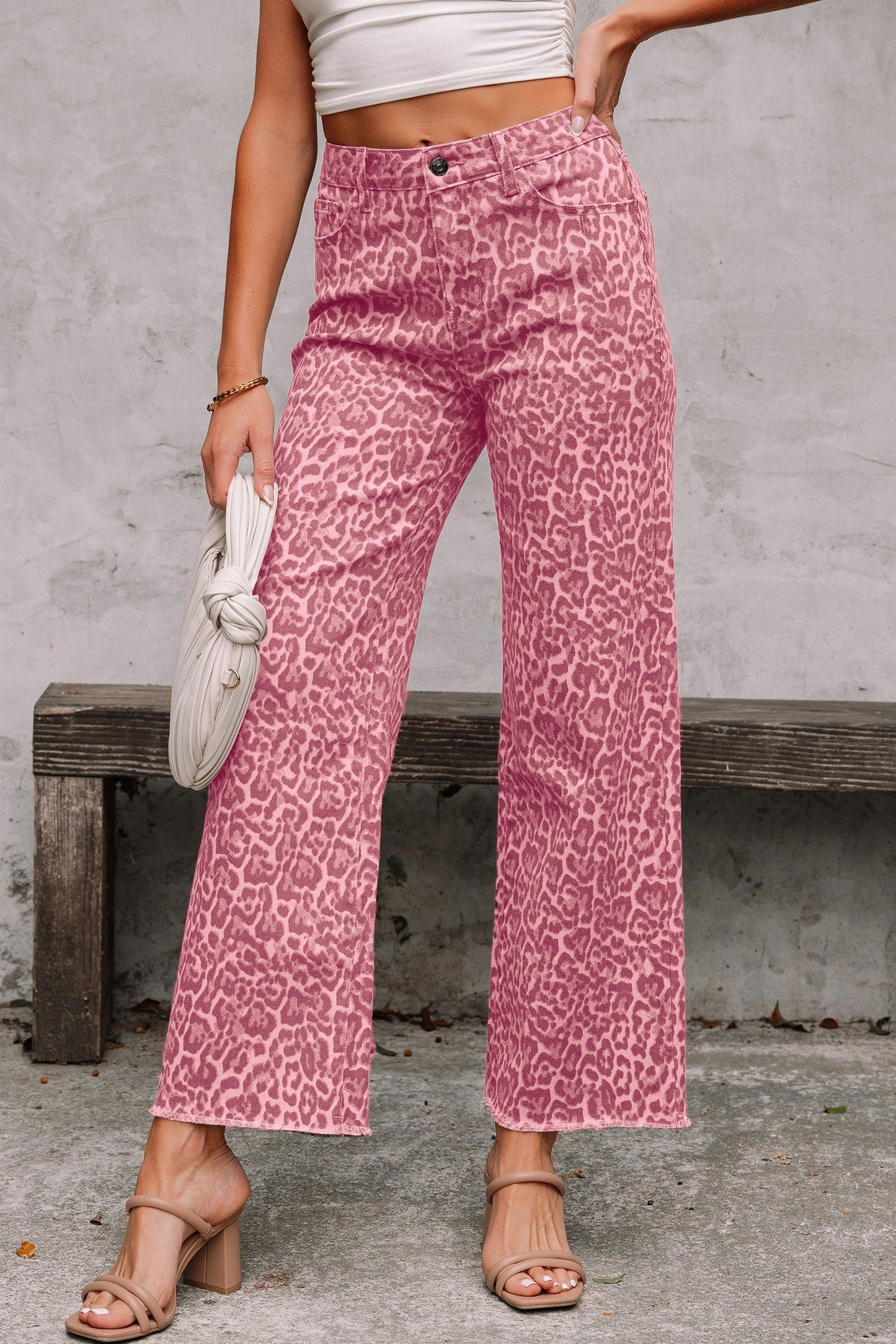 Hazel Blues® | Gray Leopard Frayed Edge Wide Leg High Waist Jeans