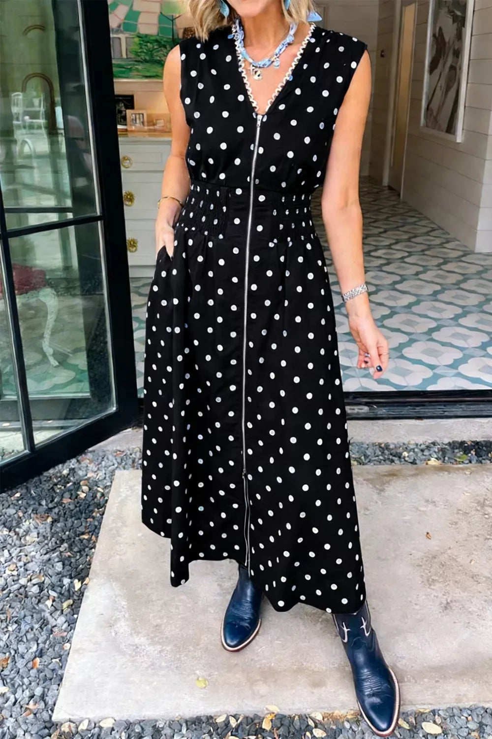 Hazel Blues® | Polka Dot Zipper Front Midi Dress