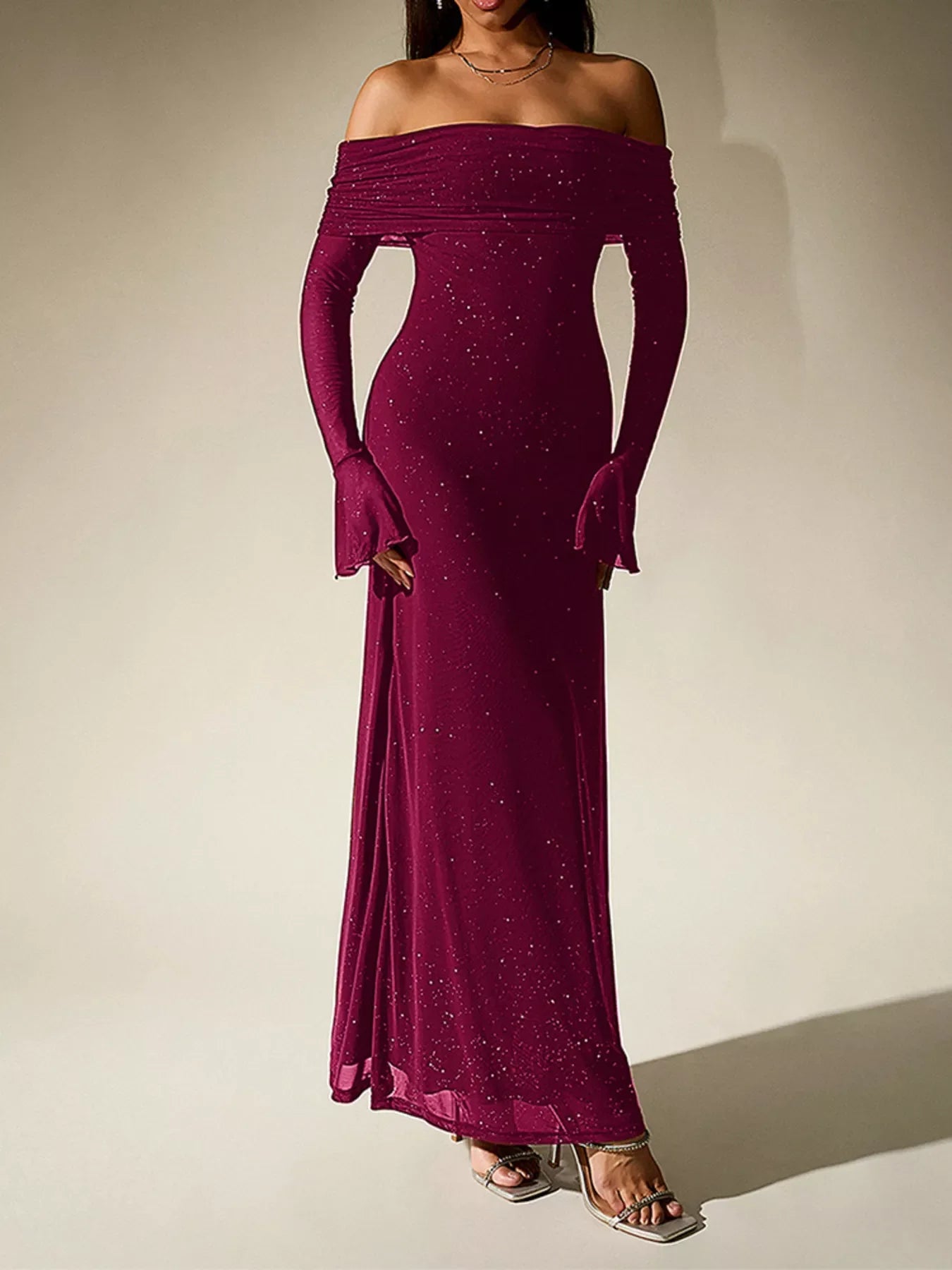 Hazel Blues® | Glitter Off-Shoulder Maxi Dress
