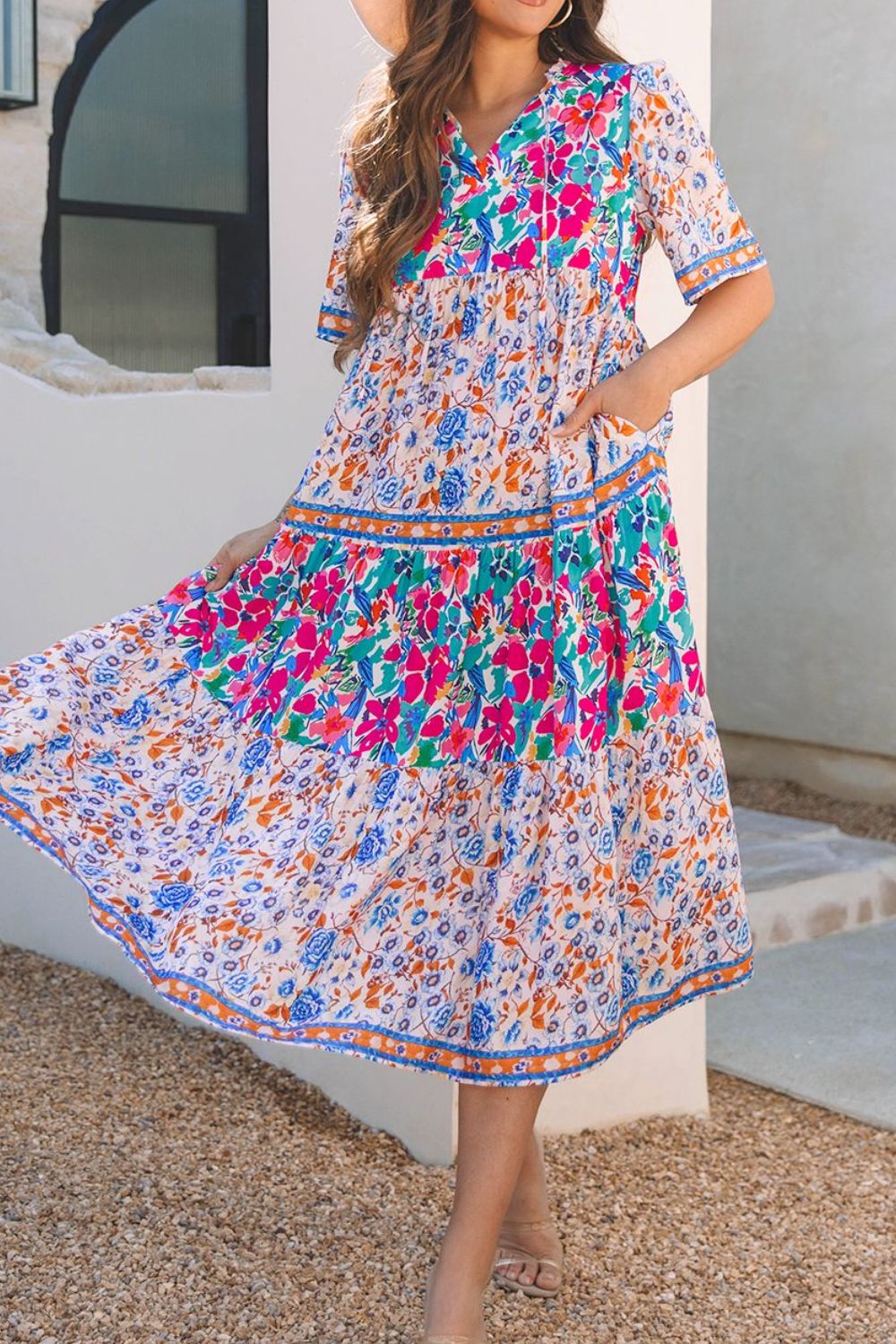 Hazel Blues® | Mixed Floral Print Tie Neck Short Sleeve Dress