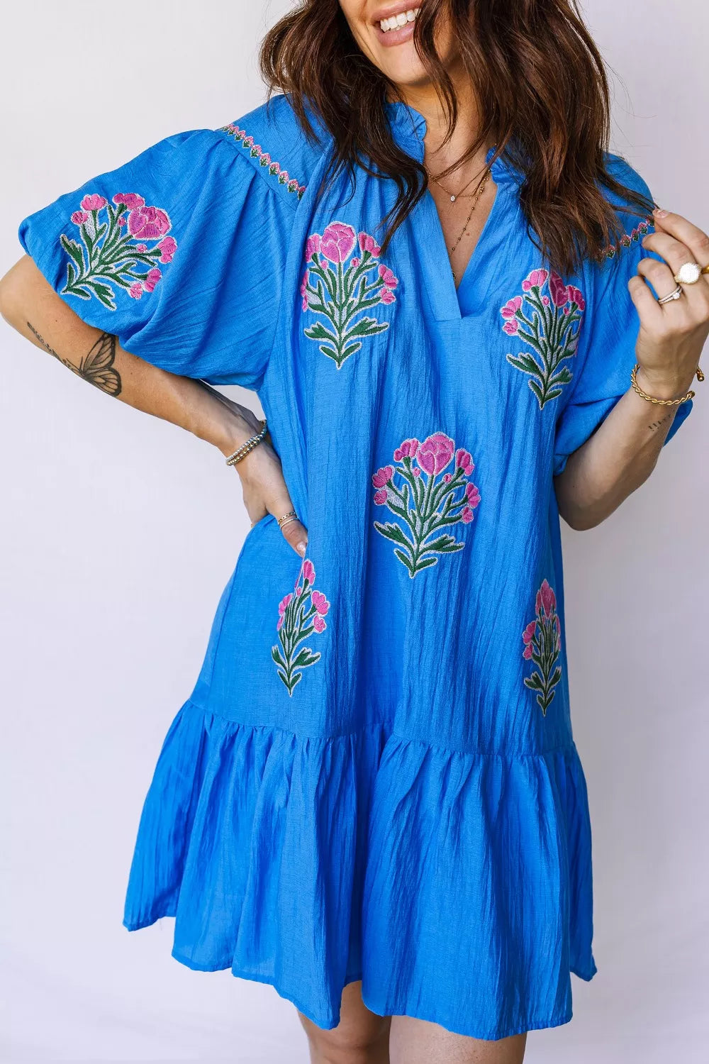 Hazel Blues® | Flower Embroidered Split Neck Short Puff Sleeve Ruffle Hem Dress
