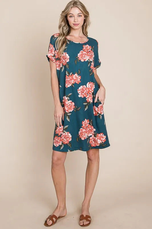 Hazel Blues® | BOMBOM Floral Round Neck Short Tee Dress with Pockets