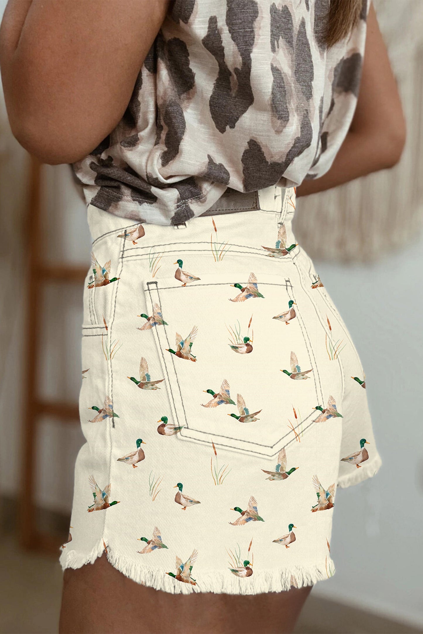 Hazel Blues® | Beige Wild Duck Mallard High Waist Frayed Denim Shorts