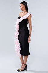 SOFT FLEX BANDAGE MIDI DRESS WITH RUFFLE DETAIL