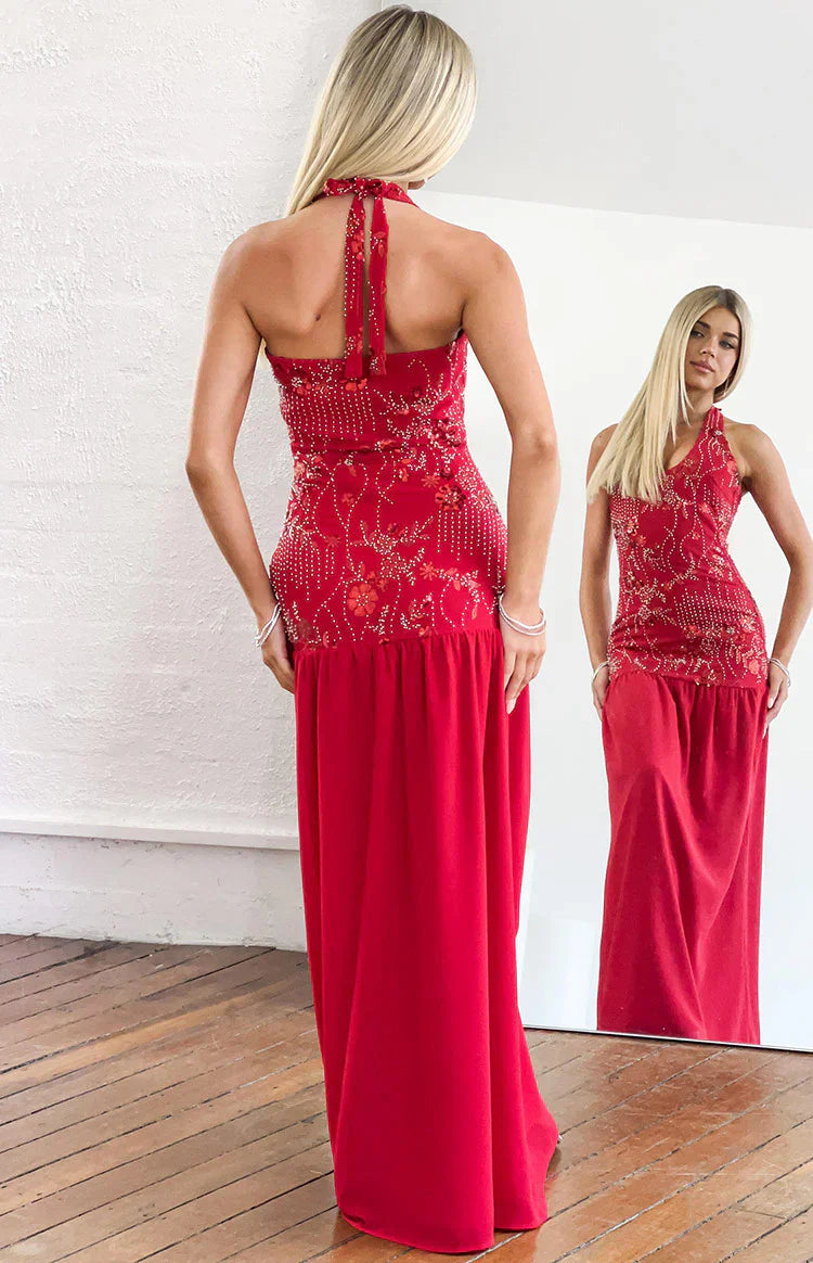Aella Red Beaded Halter Maxi Dress