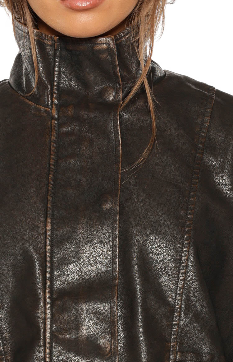 Blakely Brown Funnel Neck PU Jacket