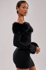 COMFY COZY FUR TRIM MINI DRESS IN BLACK