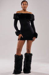 COMFY COZY FUR TRIM MINI DRESS IN BLACK