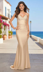La Femme Long Jersey Prom Dress with Beaded Bust